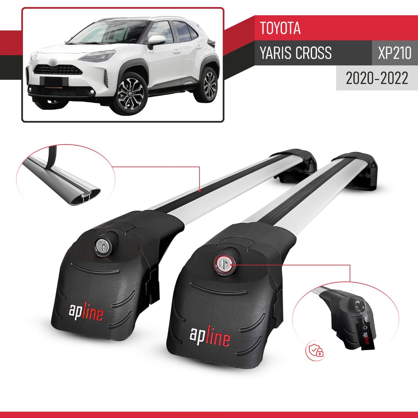 Compatible with Toyota Yaris Cross 2020-2025 ACE-2 Car Roof Rack Cross Bar Grey Aluminium 2 Bars