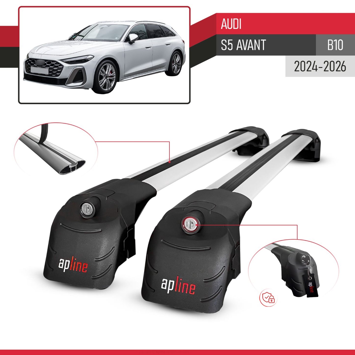 Compatible avec Audi S5 Avant (B10) 2024-2026 ACE-2 modèle Barres de Toit Railing Porte-Bagages de Voiture Gris Aluminium Barres