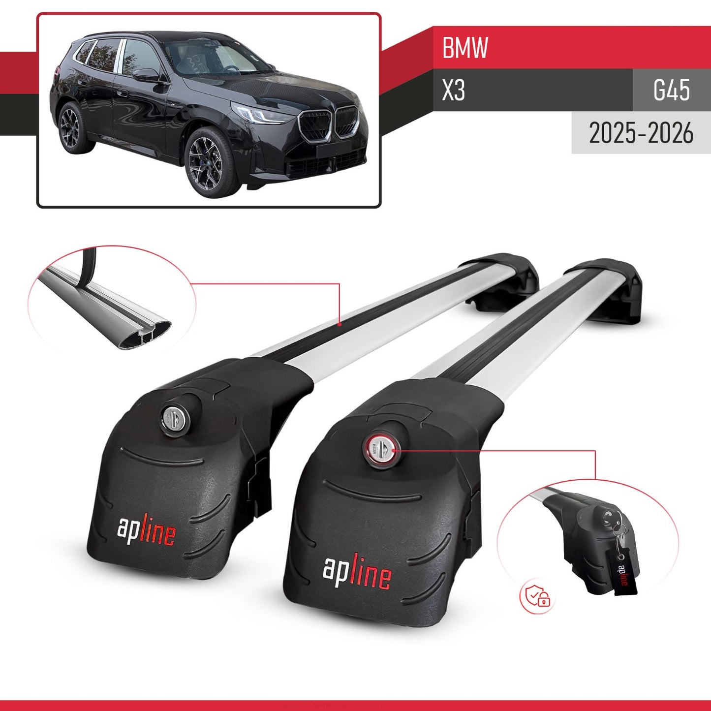 Compatible with BMW X3 (G45) 2025 ACE-2 Car Roof Rack Cross Bar Grey Aluminium 2 Bars