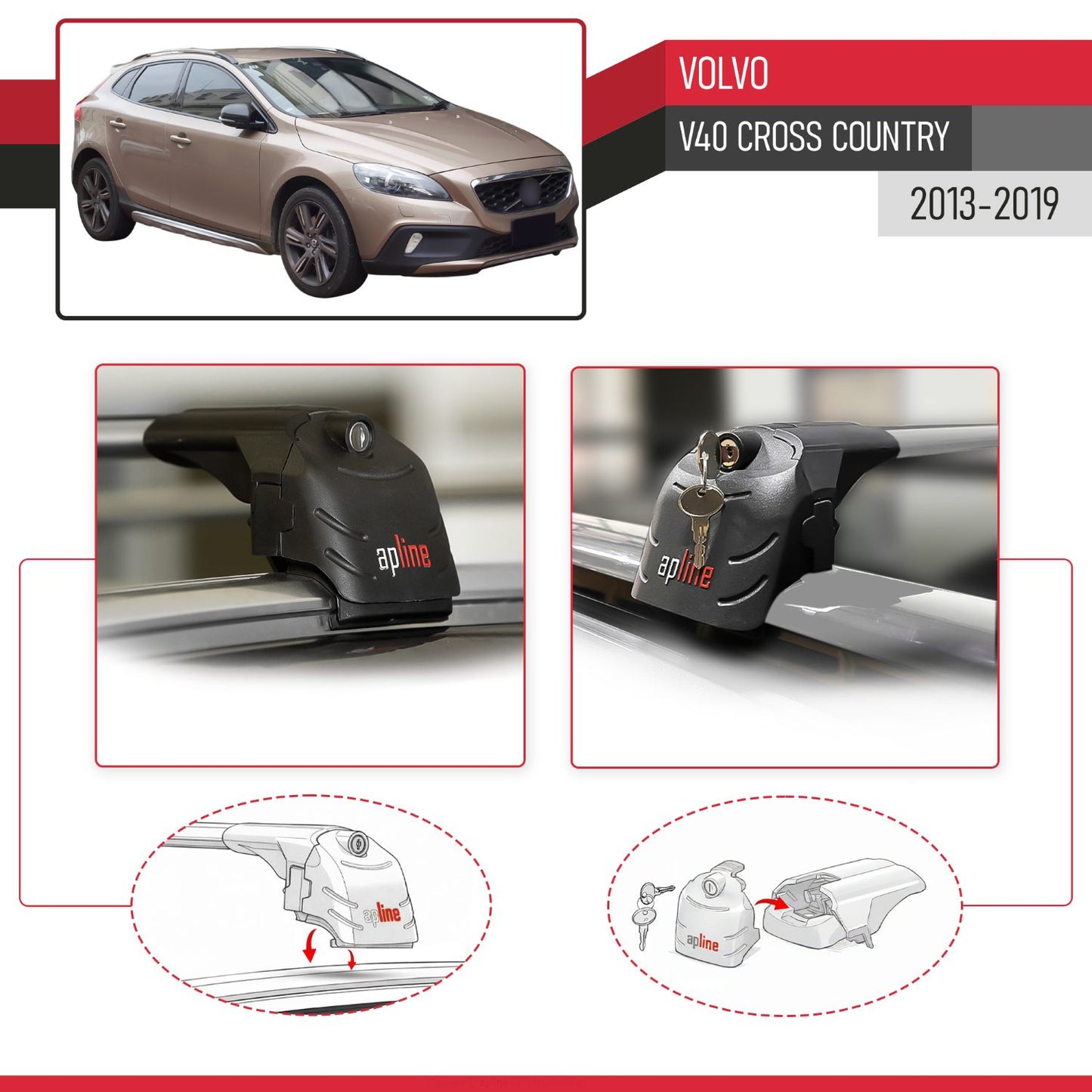 Compatible with Volvo V40 Cross Country 2013-2018 ACE-2 Car Roof Rack Cross Bar Grey Aluminium 2 Bars