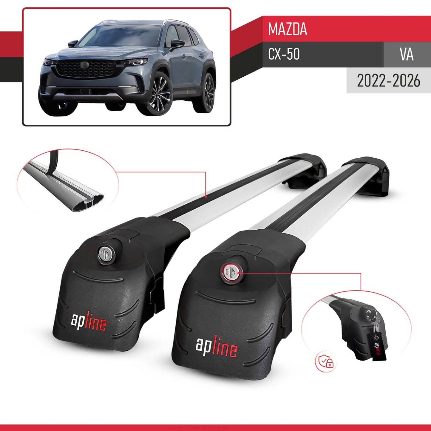 Compatible with Mazda CX-50 2023-2025 ACE-2 Car Roof Rack Cross Bar Grey Aluminium 2 Bars