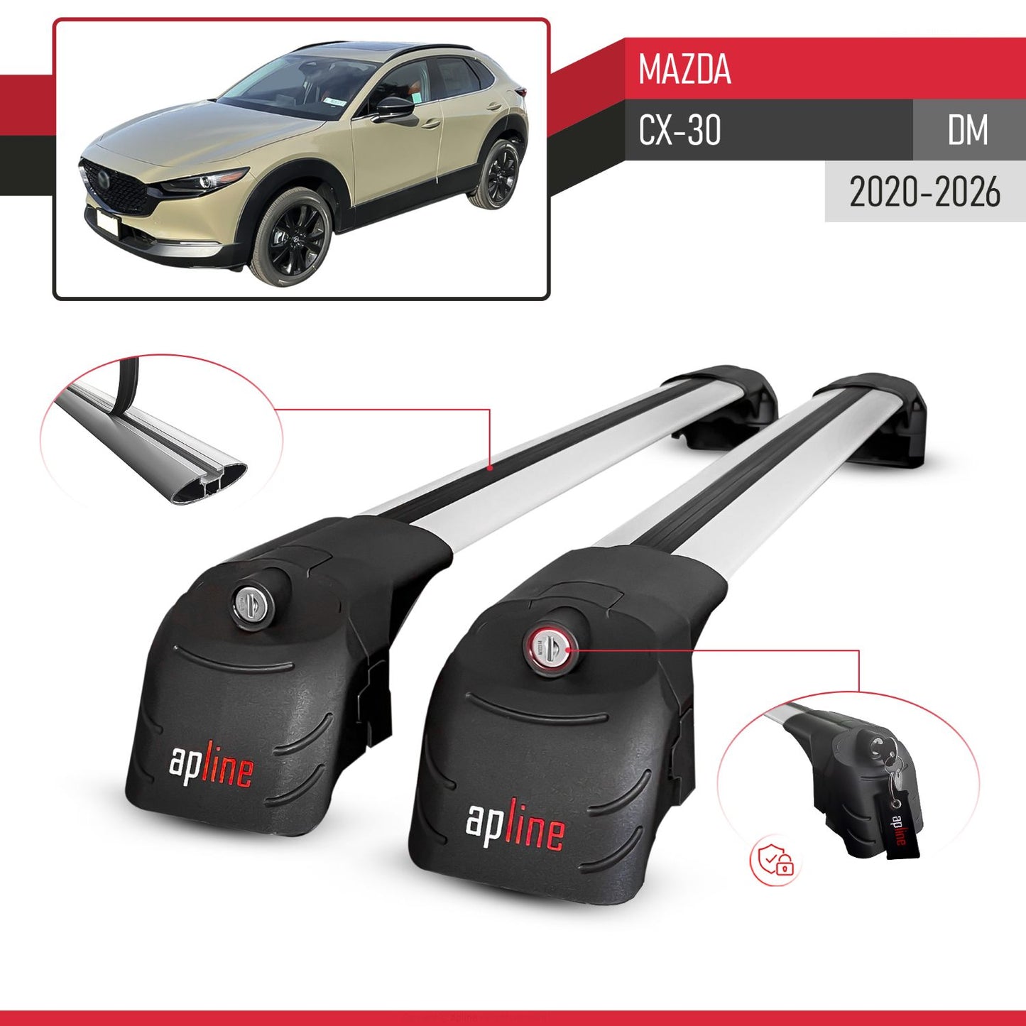 Compatible avec Mazda CX-30 (DM) 2020-2026 ACE-2 modèle Barres de Toit Railing Porte-Bagages de Voiture Gris Aluminium Barres