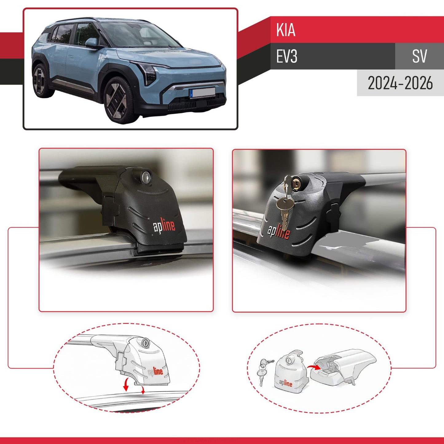 Compatible avec Kia EV3 (SV) 2024-2026 ACE-2 modèle Barres de Toit Railing Porte-Bagages de Voiture Gris Aluminium Barres
