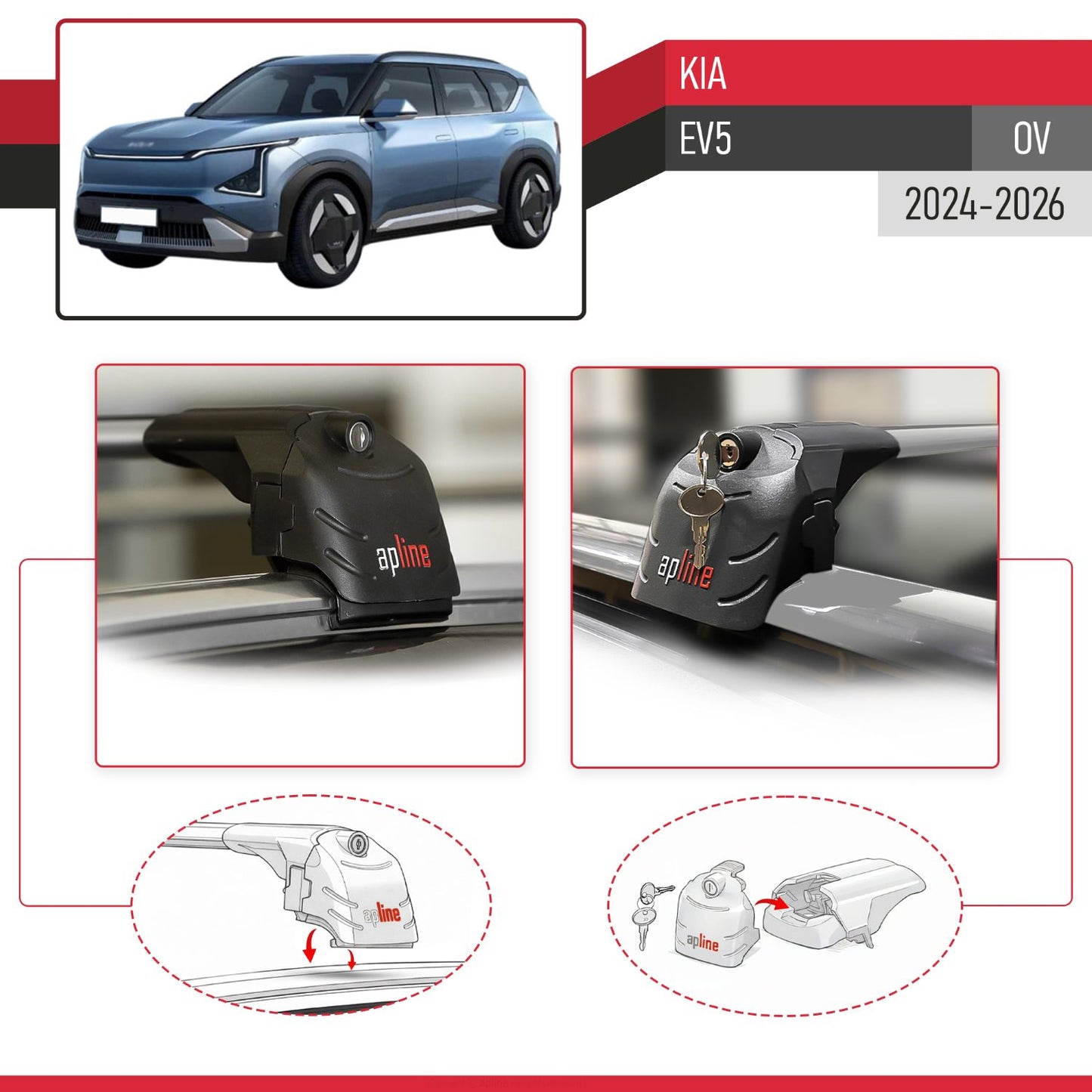Compatible with Kia EV5 2024-2025 ACE-2 Car Roof Rack Cross Bar Grey Aluminium 2 Bars