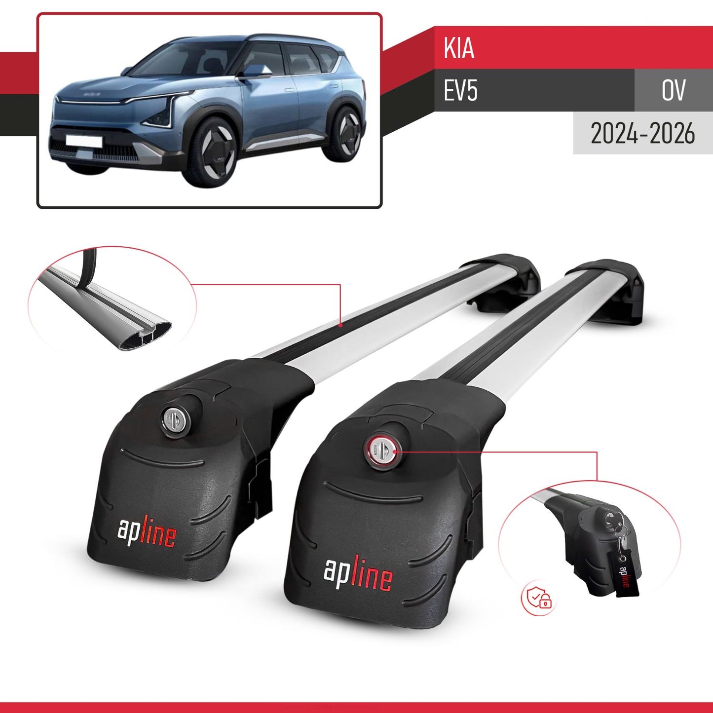 Compatible with Kia EV5 2024-2025 ACE-2 Car Roof Rack Cross Bar Grey Aluminium 2 Bars