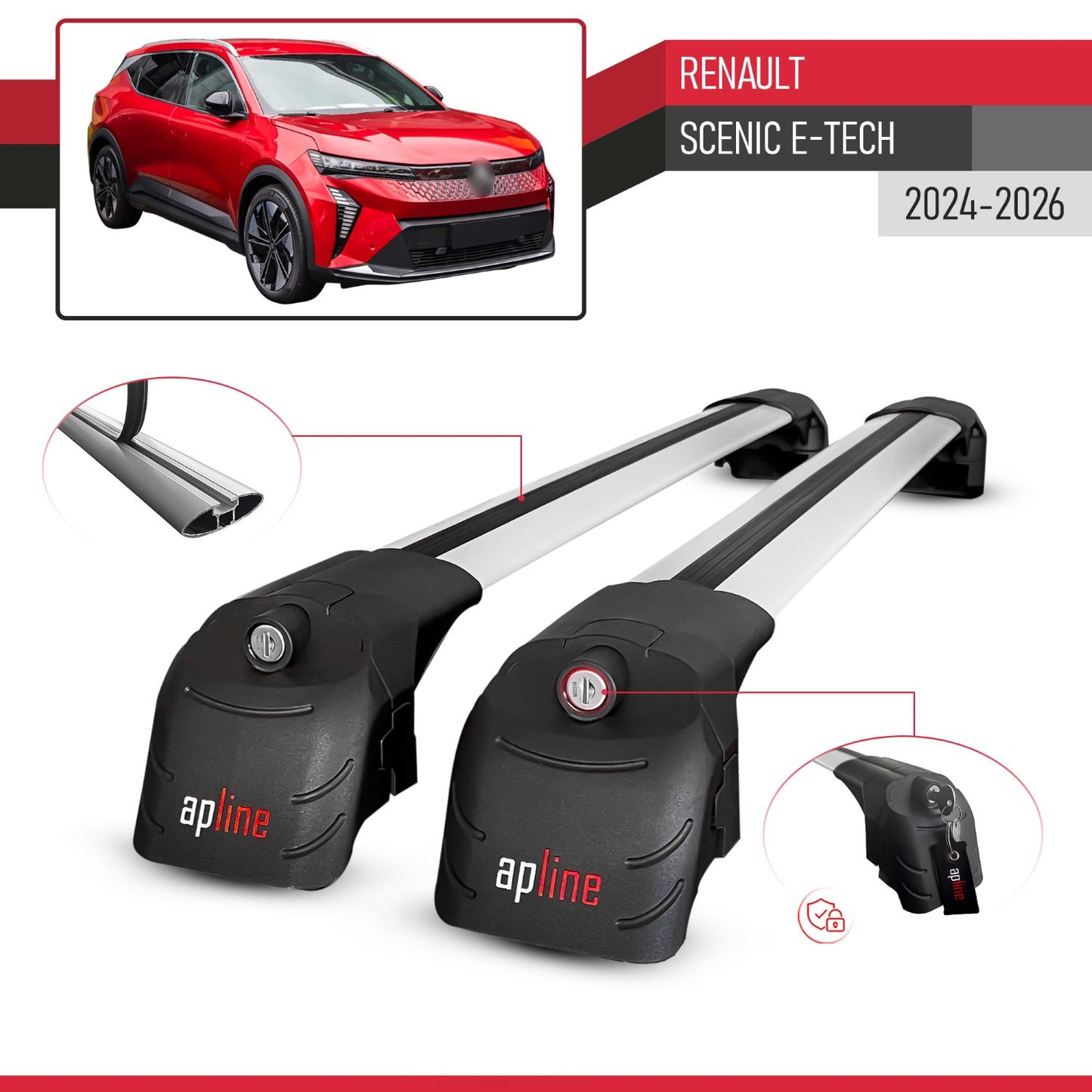 Compatible with Renault Scenic E-Tech 2024-2025 ACE-2 Car Roof Rack Cross Bar Grey Aluminium 2 Bars