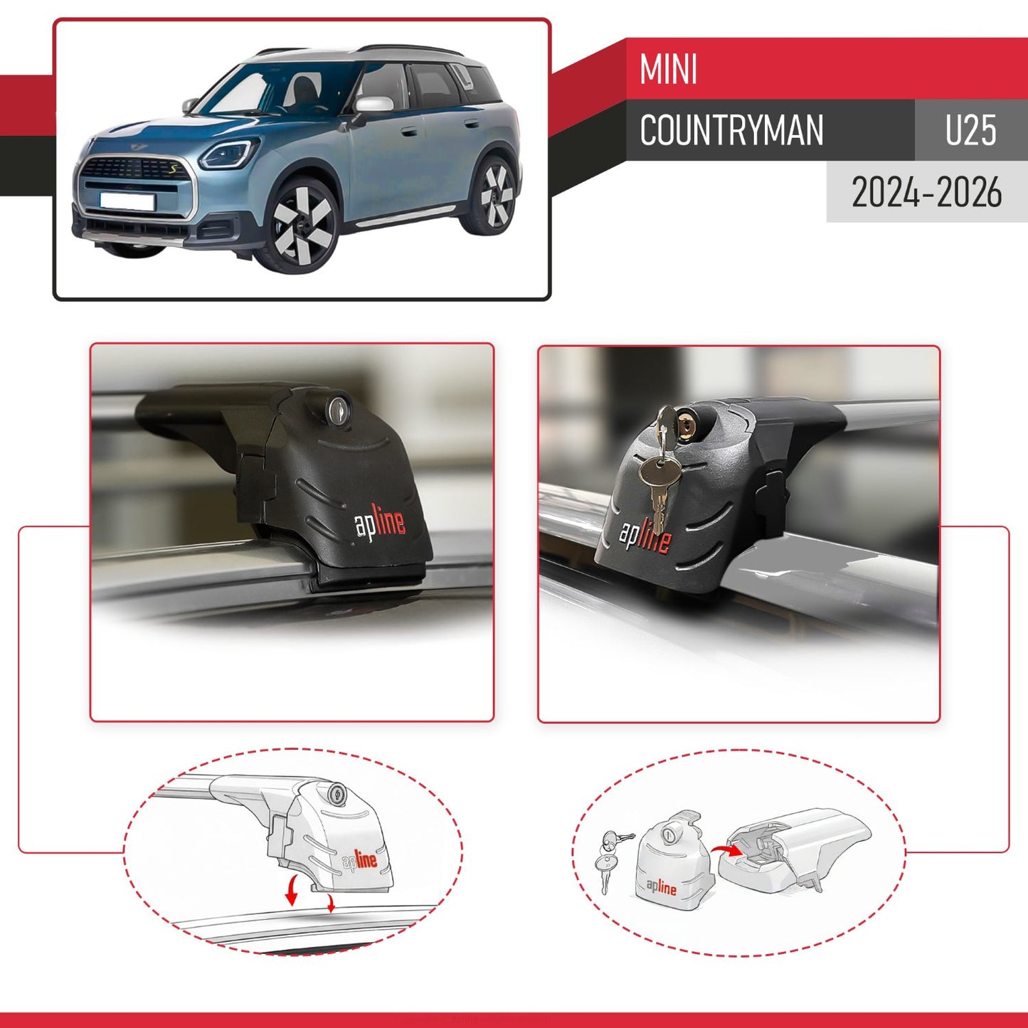 Compatible avec Mini Countryman (U25) 2024-2026 ACE-2 modèle Barres de Toit Railing Porte-Bagages de Voiture Gris Aluminium Barres