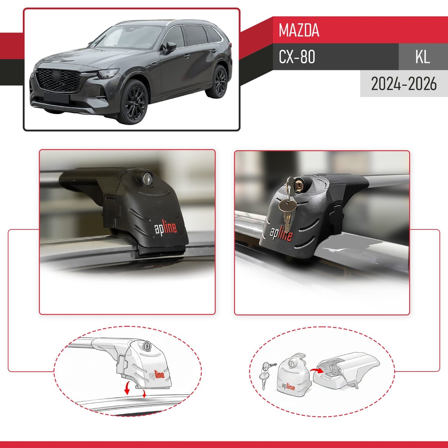 Compatible with Mazda CX-80 2024-2025 ACE-2 Car Roof Rack Cross Bar Grey Aluminium 2 Bars