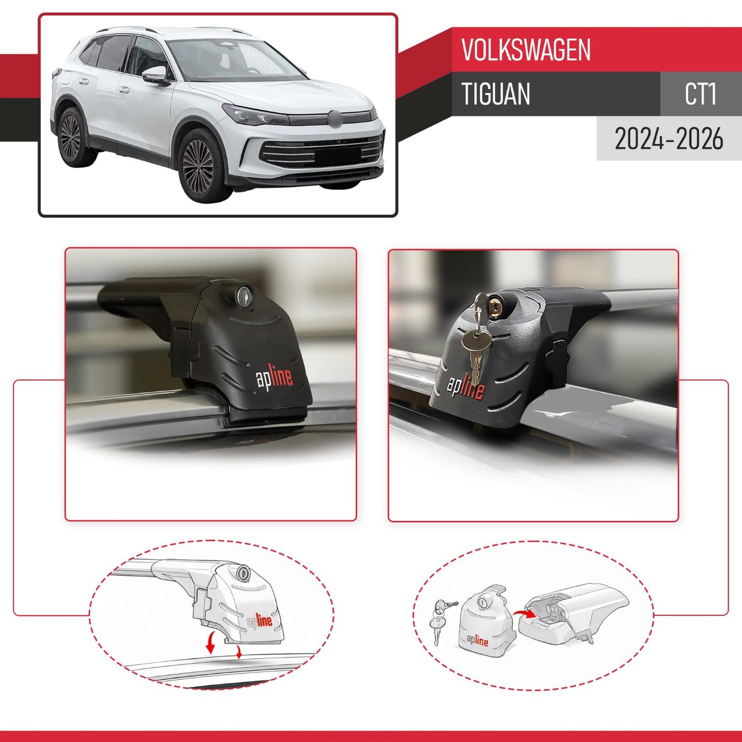 Compatible avec Volkswagen Tiguan (CT1) 2024-2026 ACE-2 modèle Barres de Toit Railing Porte-Bagages de Voiture Gris Aluminium Barres