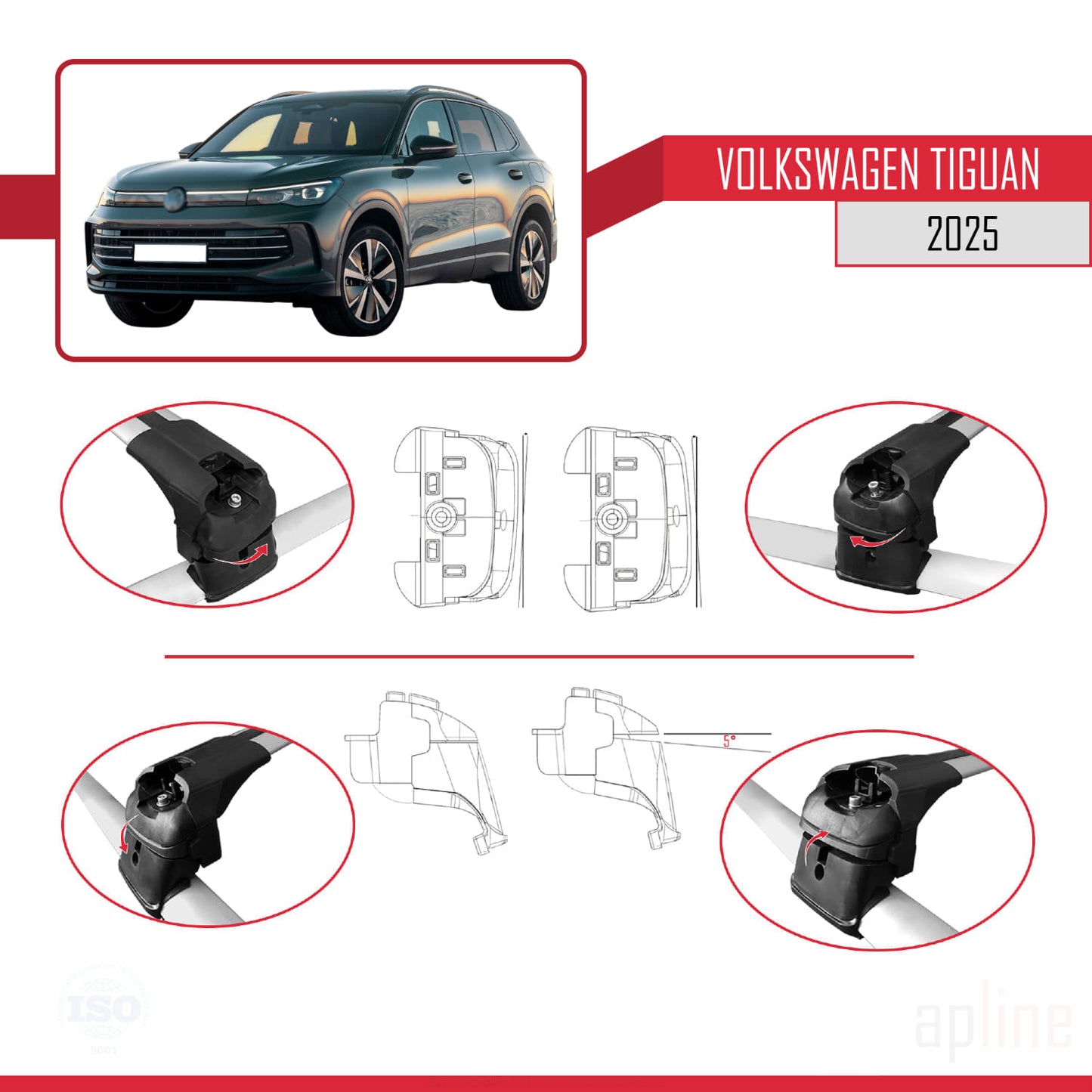 Compatible avec Volkswagen Tiguan 2025 ACE-2 Barres de Toit Railing Porte-Bagages de Voiture Gris Aluminium 2 Barres