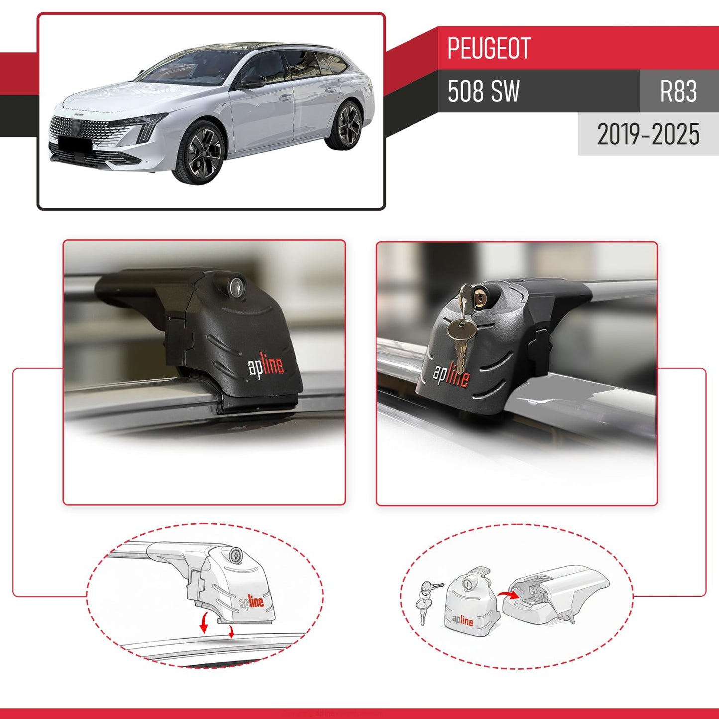 Compatible with Peugeot 508 SW 2019-2025 ACE-2 Car Roof Rack Cross Bar Grey Aluminium 2 Bars