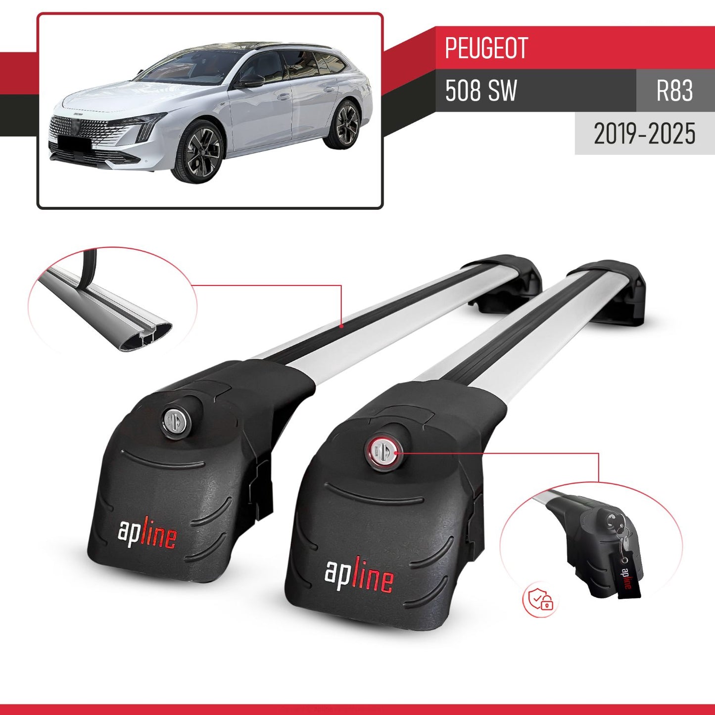 Compatible with Peugeot 508 SW 2019-2025 ACE-2 Car Roof Rack Cross Bar Grey Aluminium 2 Bars