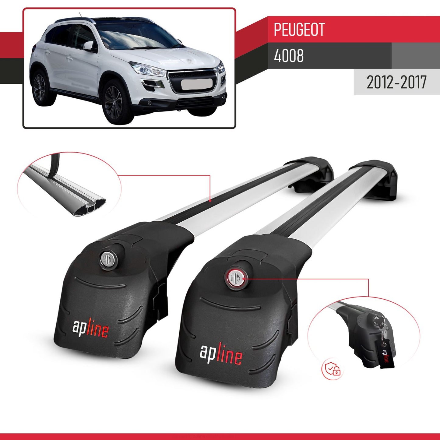 Compatible with Peugeot 4008 2012-2017 ACE-2 Car Roof Rack Cross Bar Grey Aluminium 2 Bars