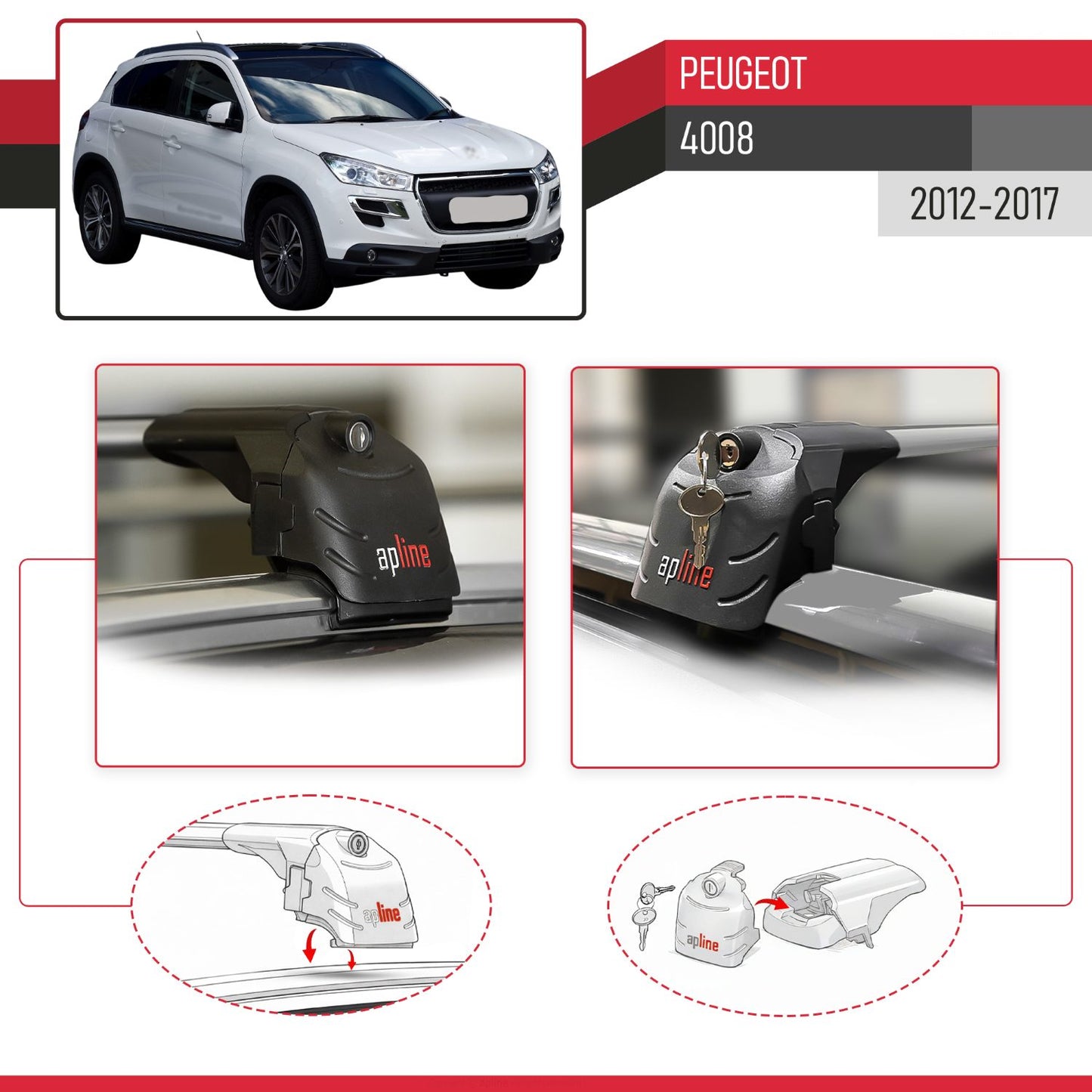 Compatible with Peugeot 4008 2012-2017 ACE-2 Car Roof Rack Cross Bar Grey Aluminium 2 Bars