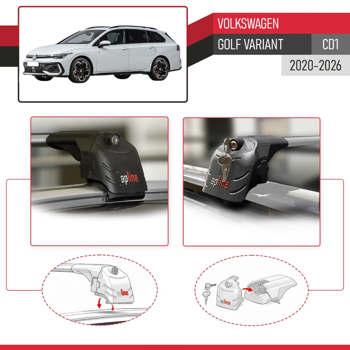 Compatible with Volkswagen Golf Variant 2024-2025 ACE-2 Car Roof Rack Cross Bar Grey Aluminium 2 Bars