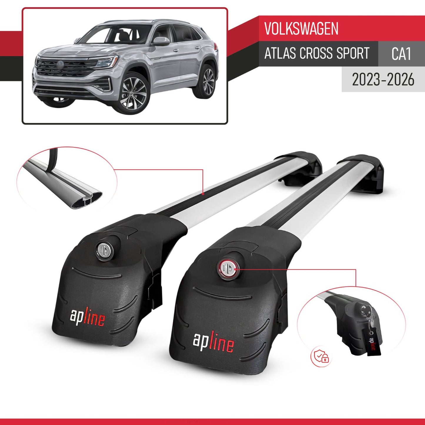 Compatible avec Volkswagen Atlas Cross Sport (CA1) 2023-2026 ACE-2 modèle Barres de Toit Railing Porte-Bagages de Voiture Gris Aluminium Barres