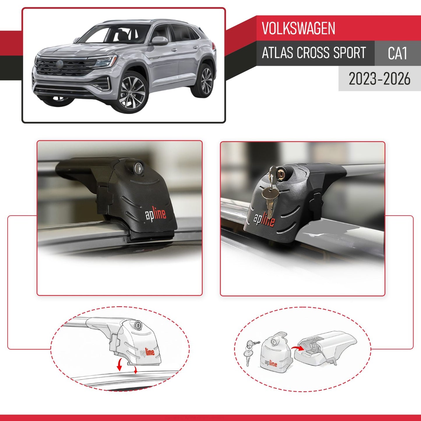 Compatible avec Volkswagen Atlas Cross Sport (CA1) 2023-2026 ACE-2 modèle Barres de Toit Railing Porte-Bagages de Voiture Gris Aluminium Barres