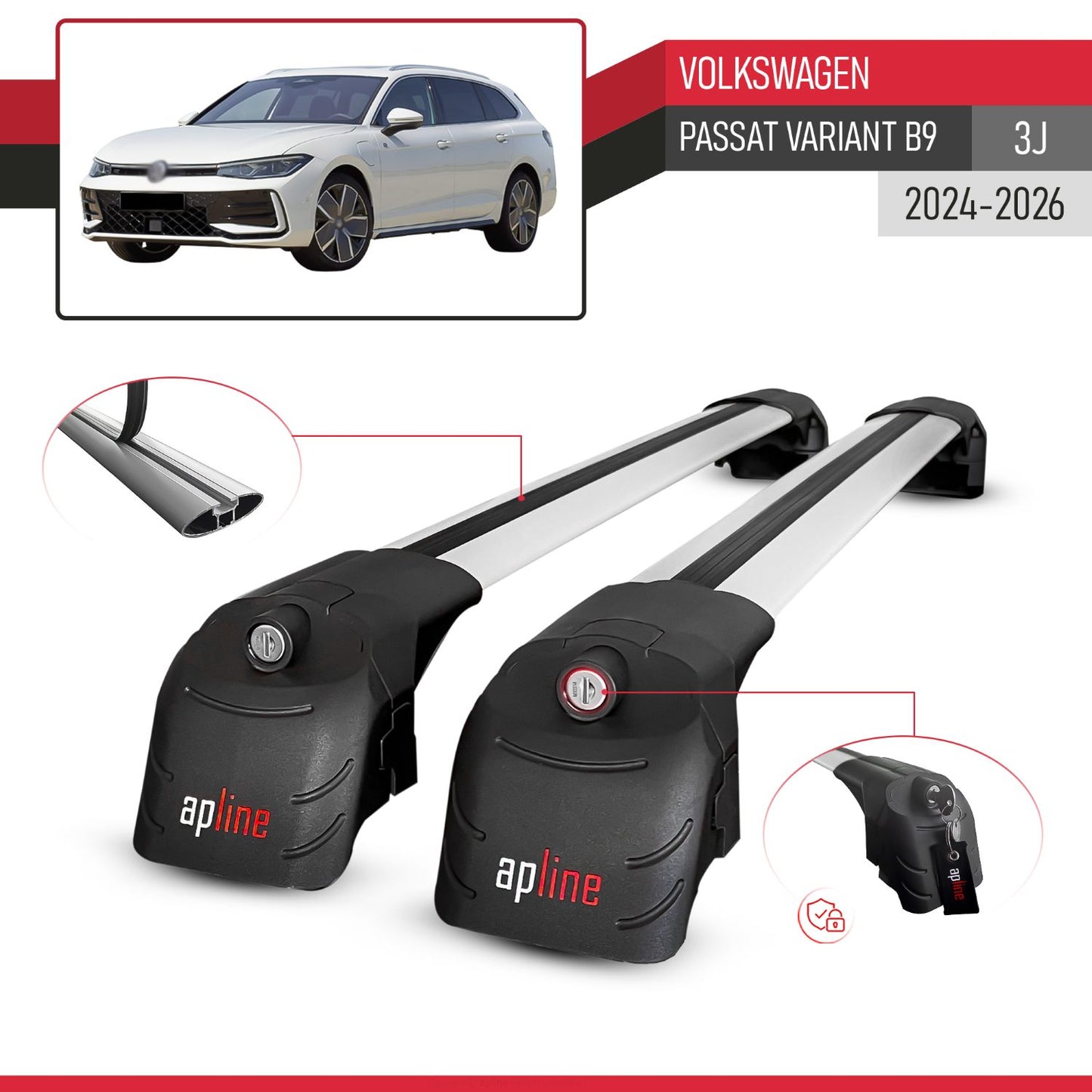 Compatible avec Volkswagen Passat Variant B9 (3J) 2024-2026 ACE-2 modèle Barres de Toit Railing Porte-Bagages de Voiture Gris Aluminium Barres