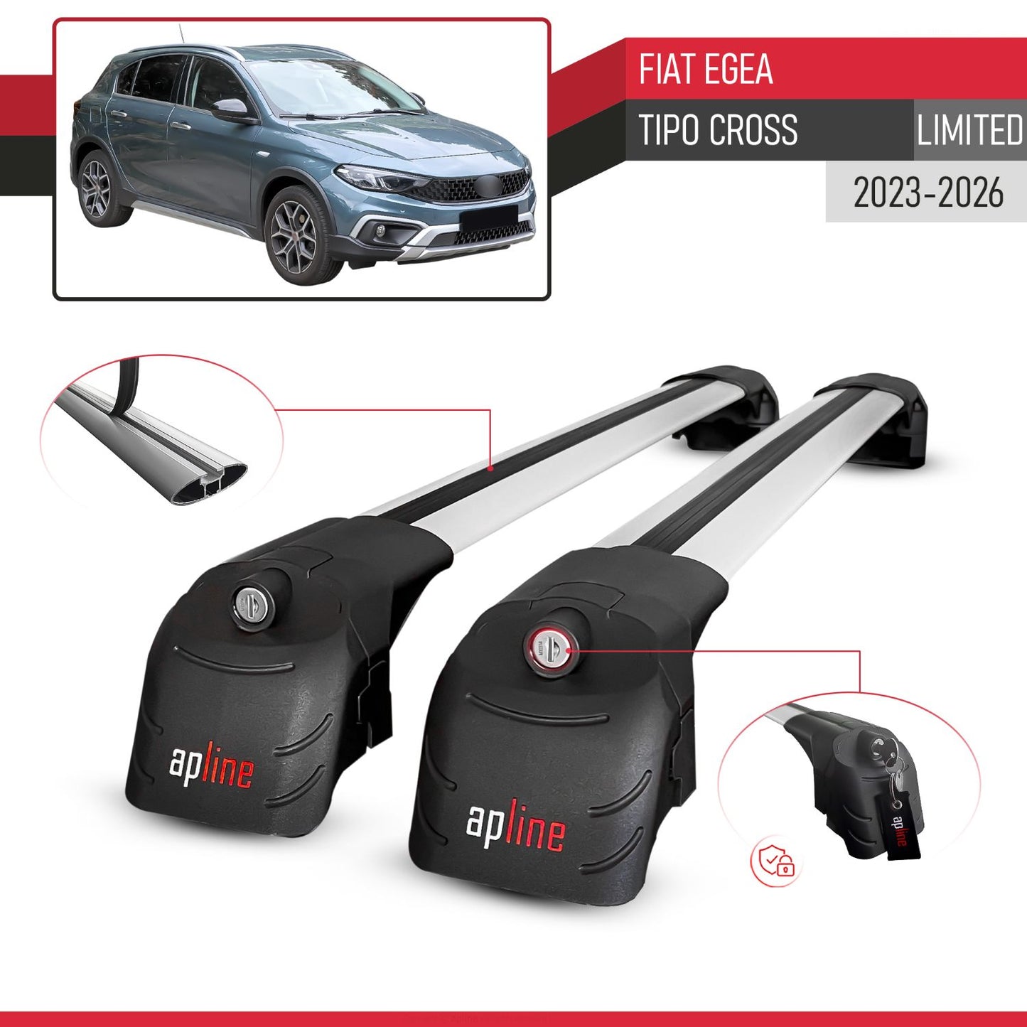 Compatible with Fiat Egea / Tipo Cross (LIMITED) 2023-2025 ACE-2 Car Roof Rack Cross Bar Grey Aluminium 2 Bars