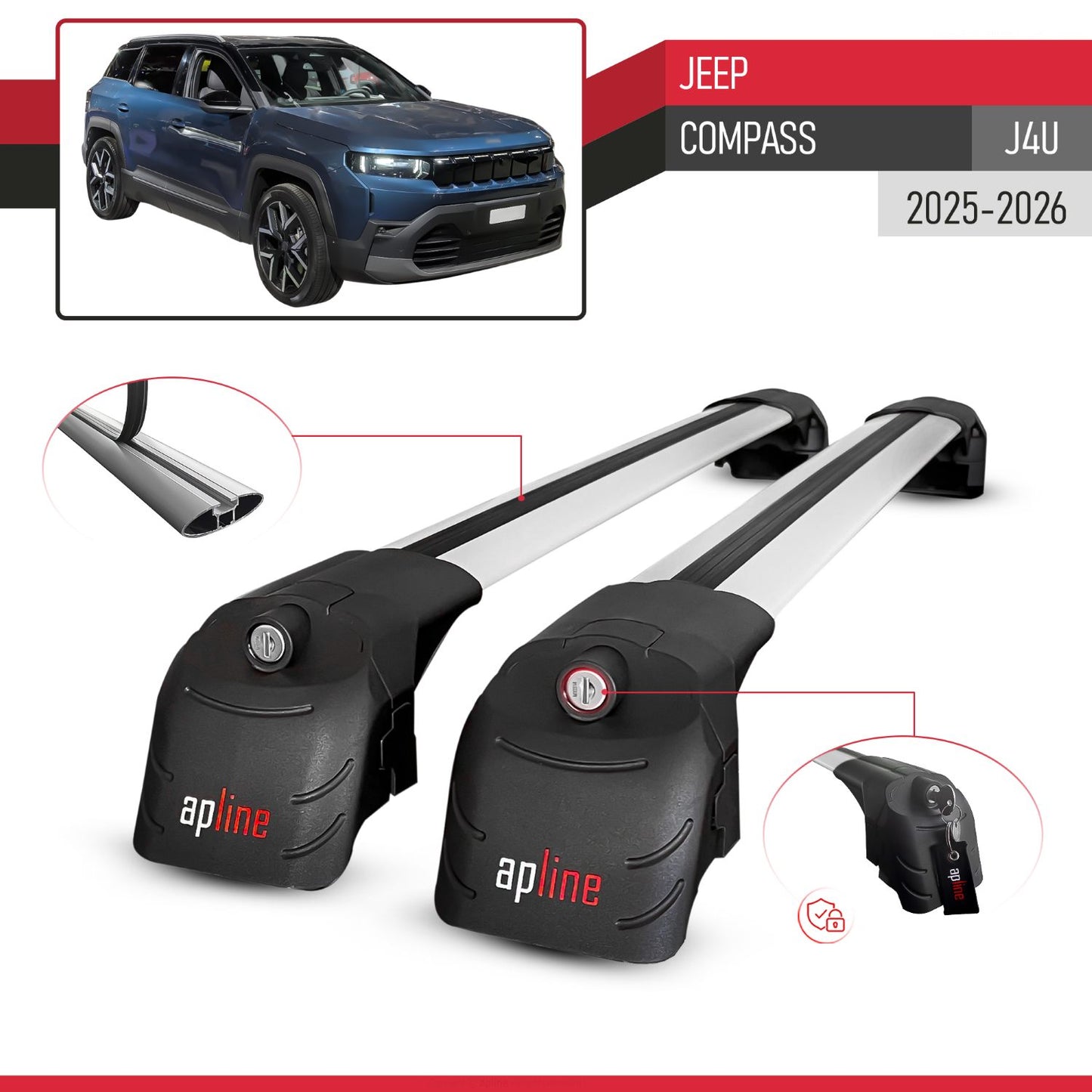 Compatible with Jeep Compass J4U 2025-2026 ACE-2 Car Roof Rack Cross Bar Grey Aluminium 2 Bars