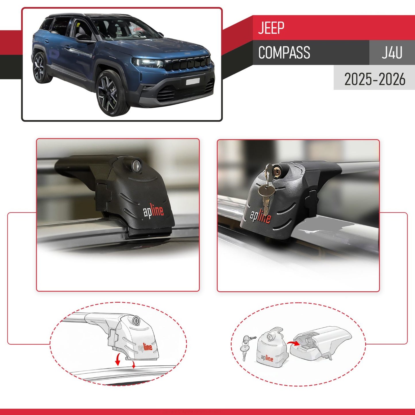 Compatible with Jeep Compass J4U 2025-2026 ACE-2 Car Roof Rack Cross Bar Grey Aluminium 2 Bars