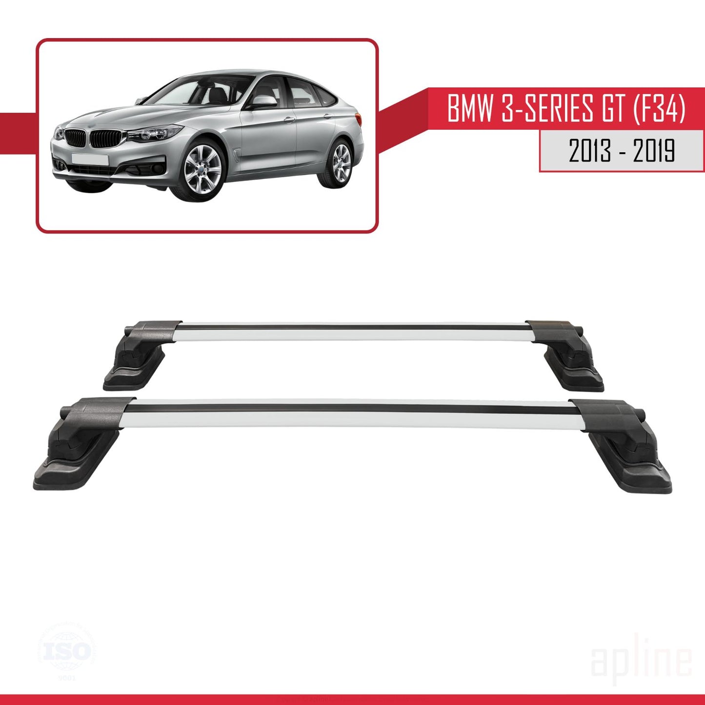 Compatible with BMW 3 Series Gran Turismo (F34) 2013-2019 ACE-3 Car Roof Rack Cross Bar Grey Aluminium 2 Bars