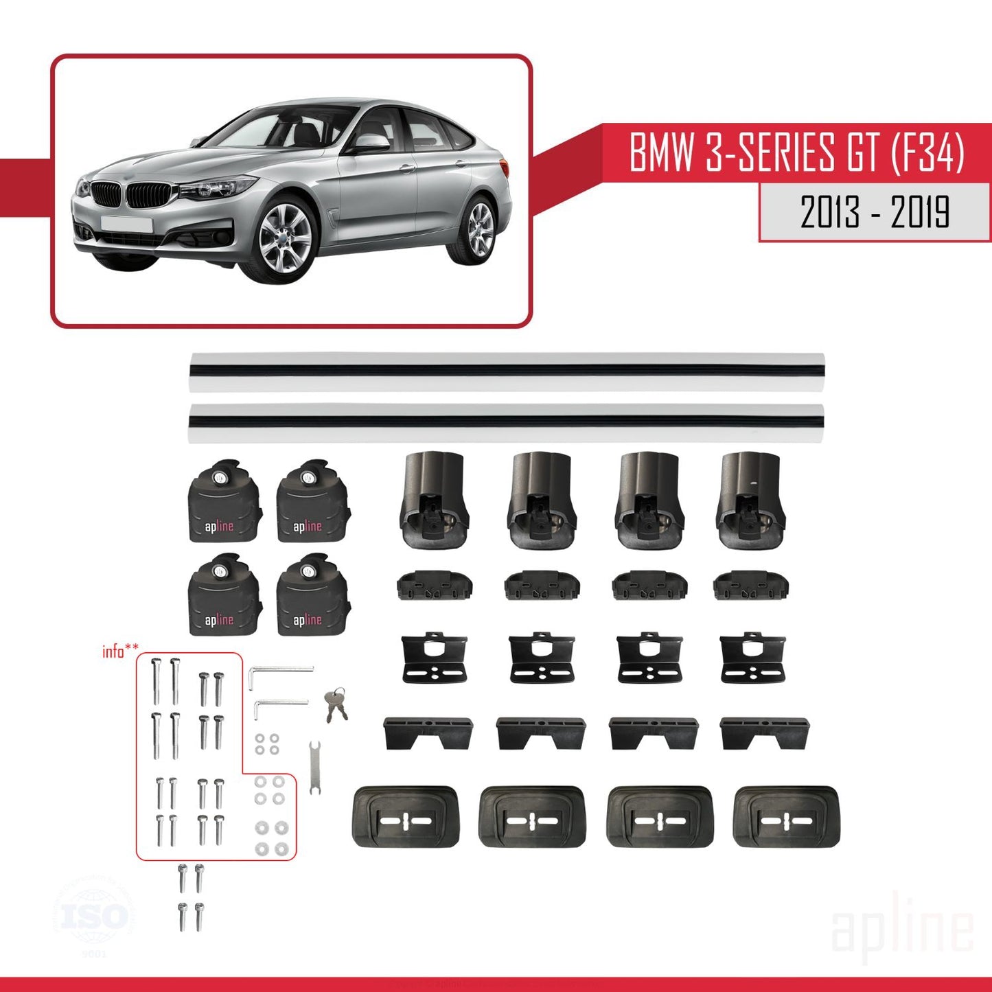 Compatible with BMW 3 Series Gran Turismo (F34) 2013-2019 ACE-3 Car Roof Rack Cross Bar Grey Aluminium 2 Bars