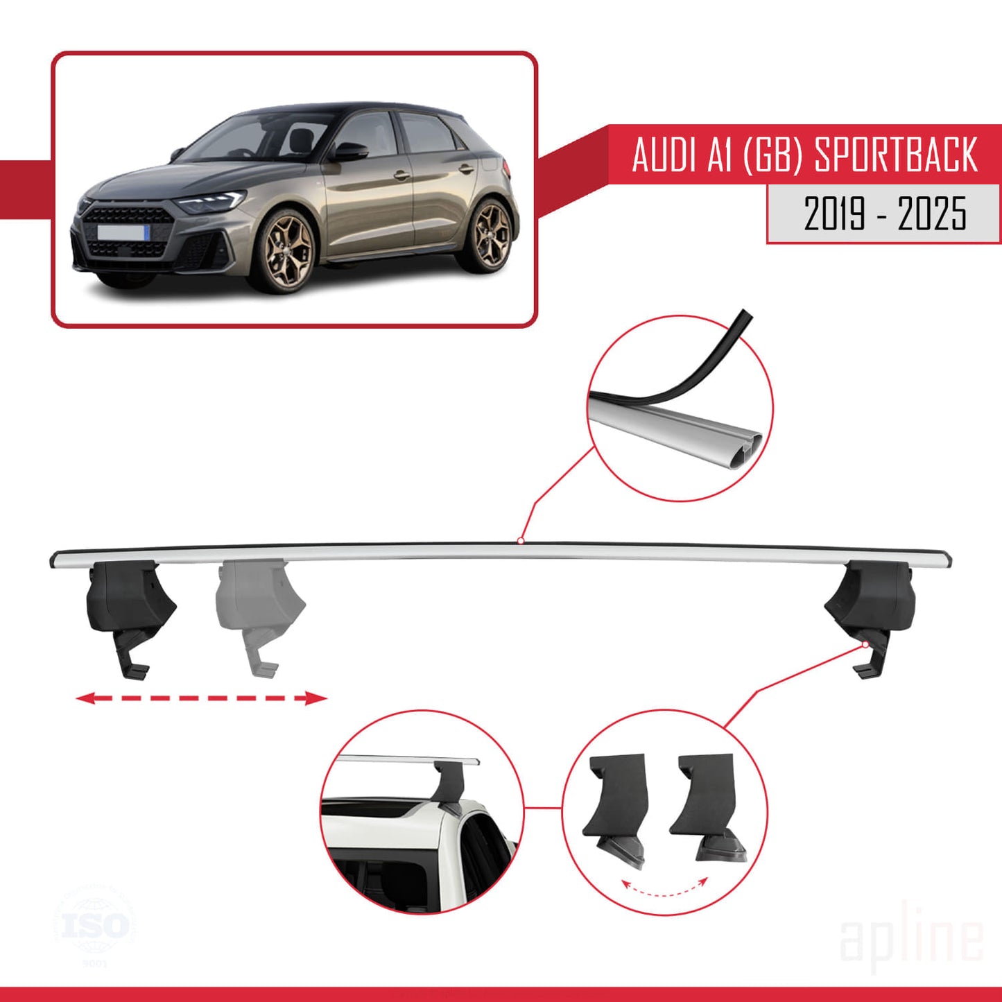 Compatible avec A1 (GB) Sportback 2019-2025 ACE-4 Barres de Toit Railing Porte-Bagages de Voiture Gris Aluminium 2 Barres
