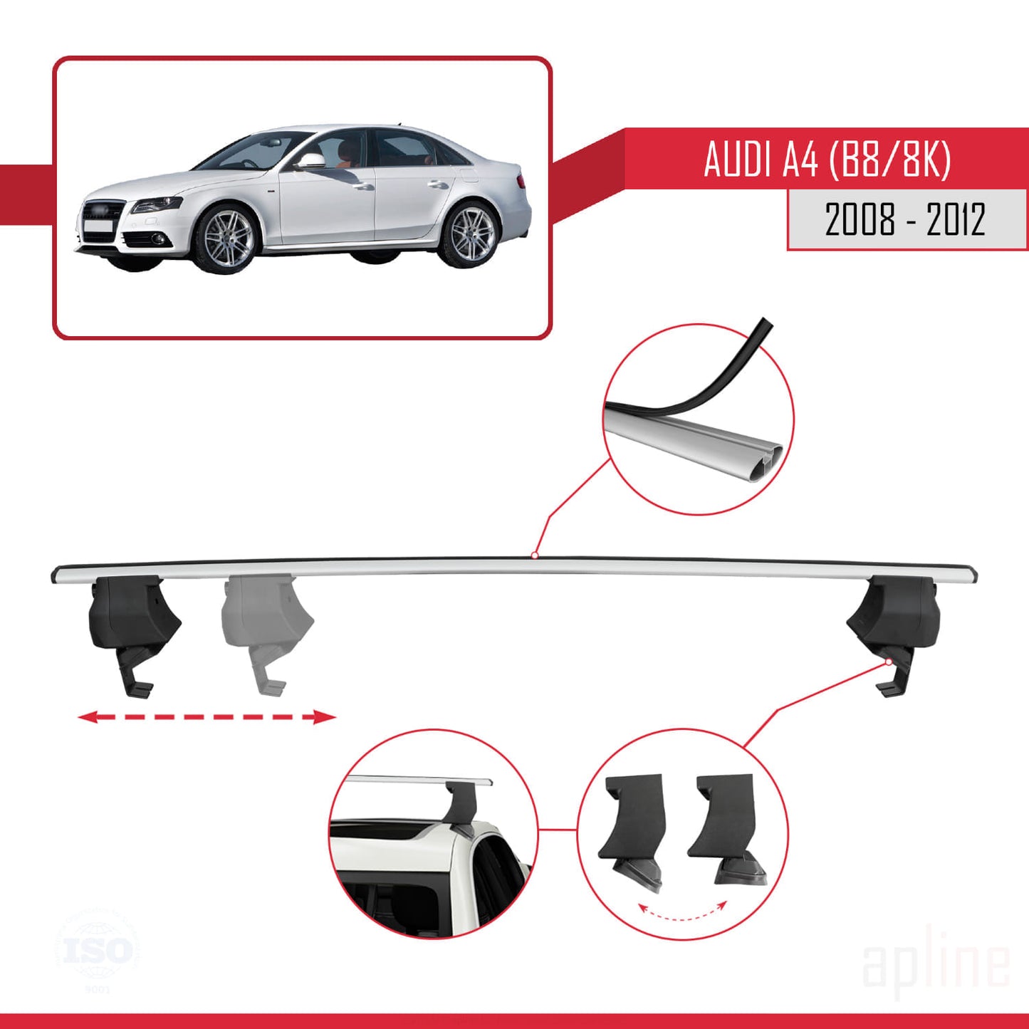 Compatible avec A4 (B8) Pre-Facelift 2008-2012 ACE-4 Barres de Toit Railing Porte-Bagages de Voiture Gris Aluminium 2 Barres