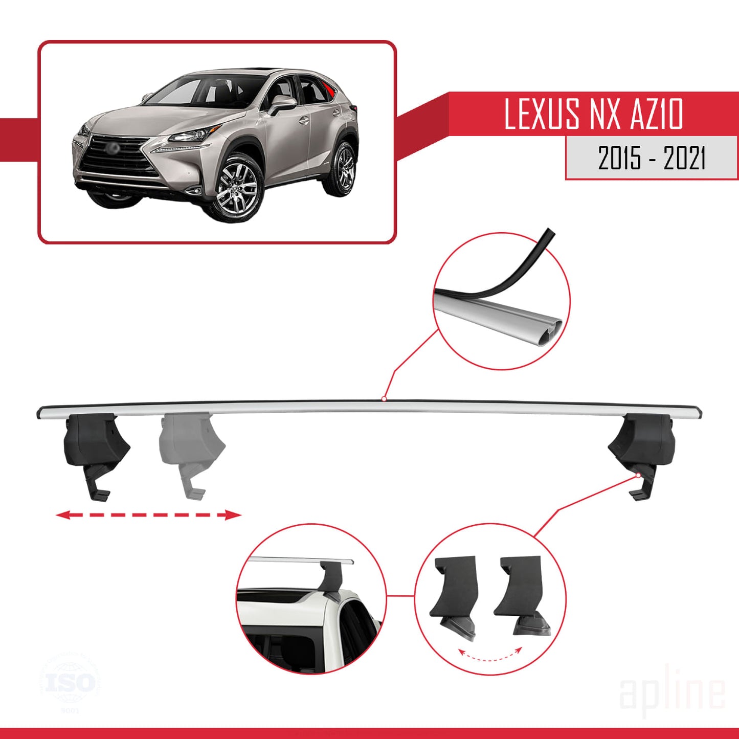 Compatible avec Lexus NX (AZ10) 2015-2021 ACE-4 Barres de Toit Railing Porte-Bagages de Voiture Gris Aluminium 2 Barres
