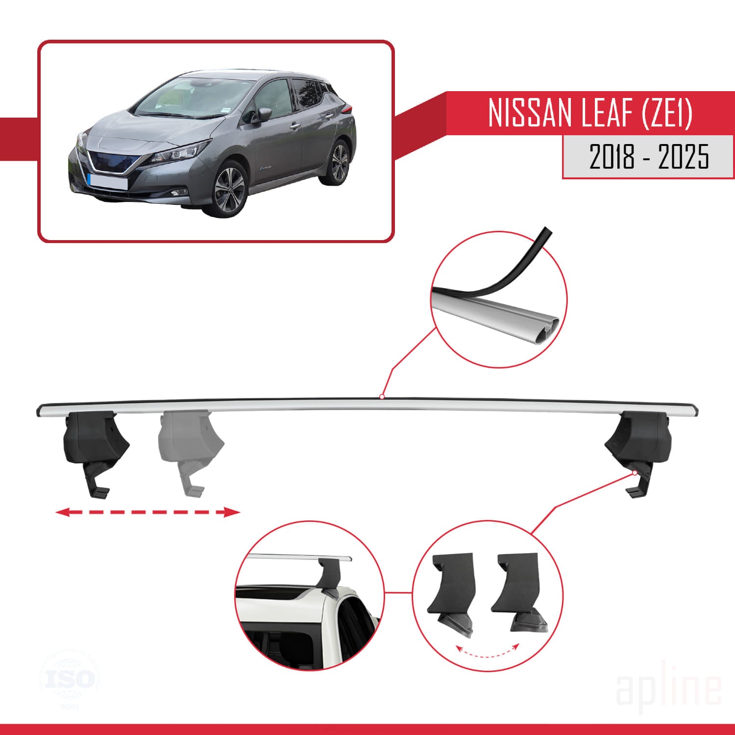 Compatible avec Nissan Leaf 2 (ZE1) 2018-2025 ACE-4 Barres de Toit Railing Porte-Bagages de Voiture Gris Aluminium 2 Barres