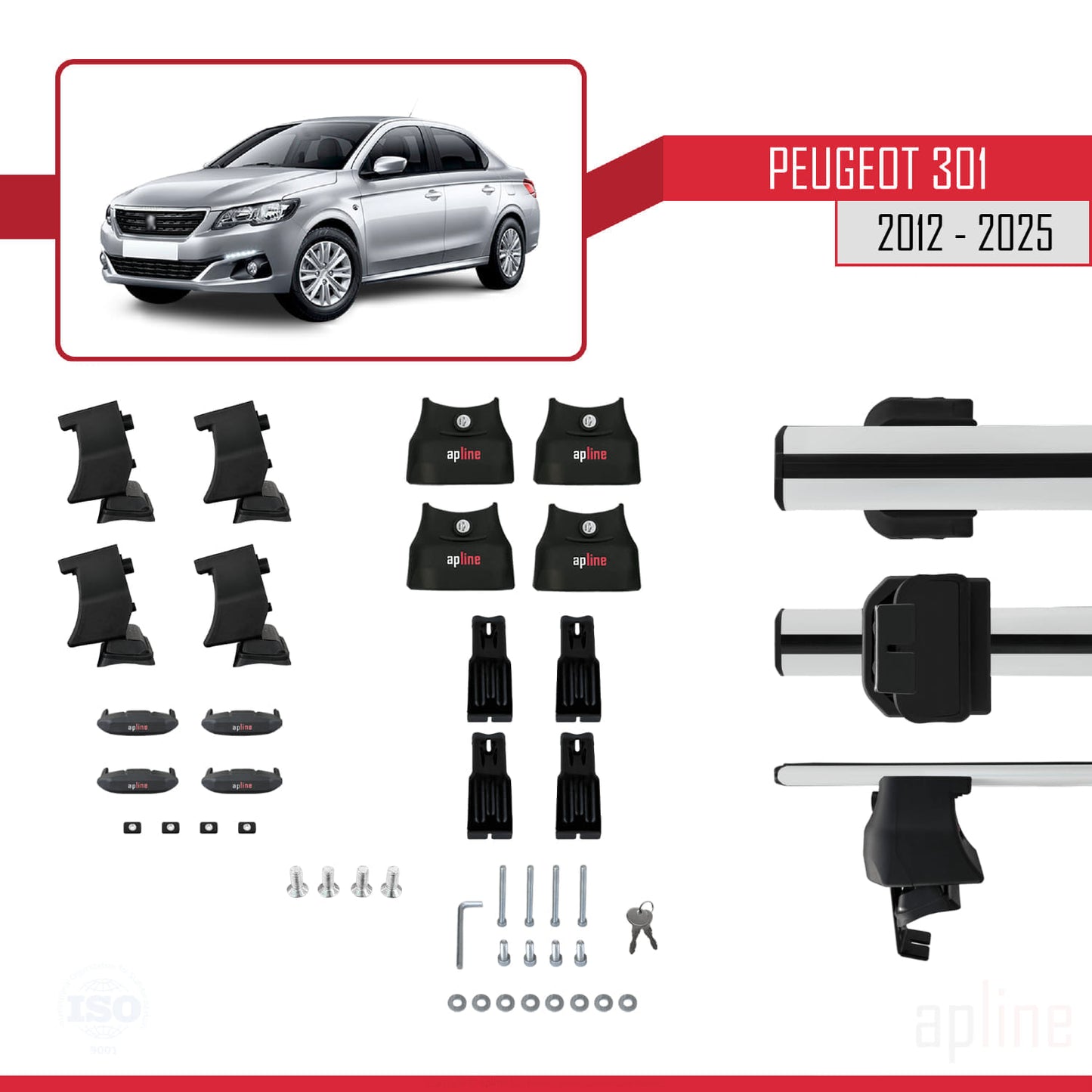 Compatible with Peugeot 301 2012-2025 ACE-4 Car Roof Rack Cross Bar Grey Aluminium 2 Bars