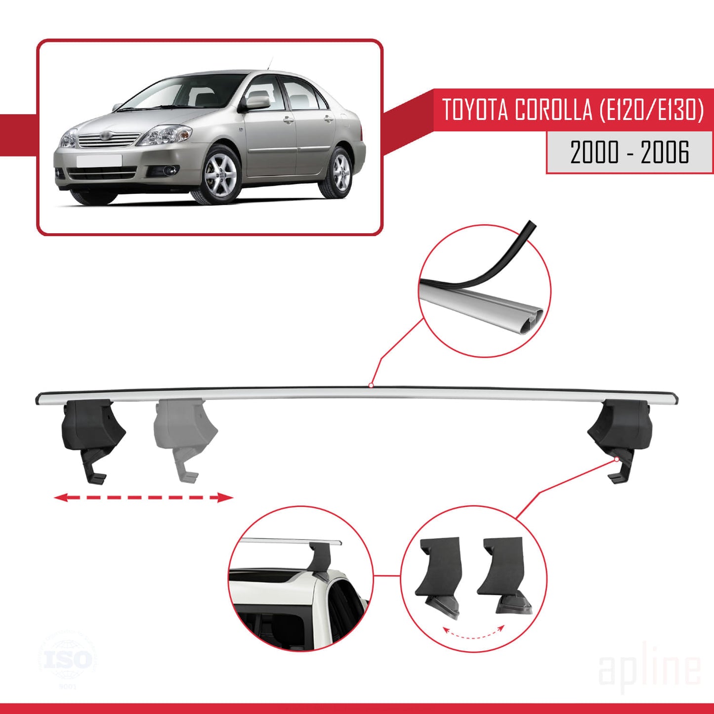 Compatible with Toyota Corolla 9 (E120) Sedan 2000-2006 ACE-4 Car Roof Rack Cross Bar Grey Aluminium 2 Bars