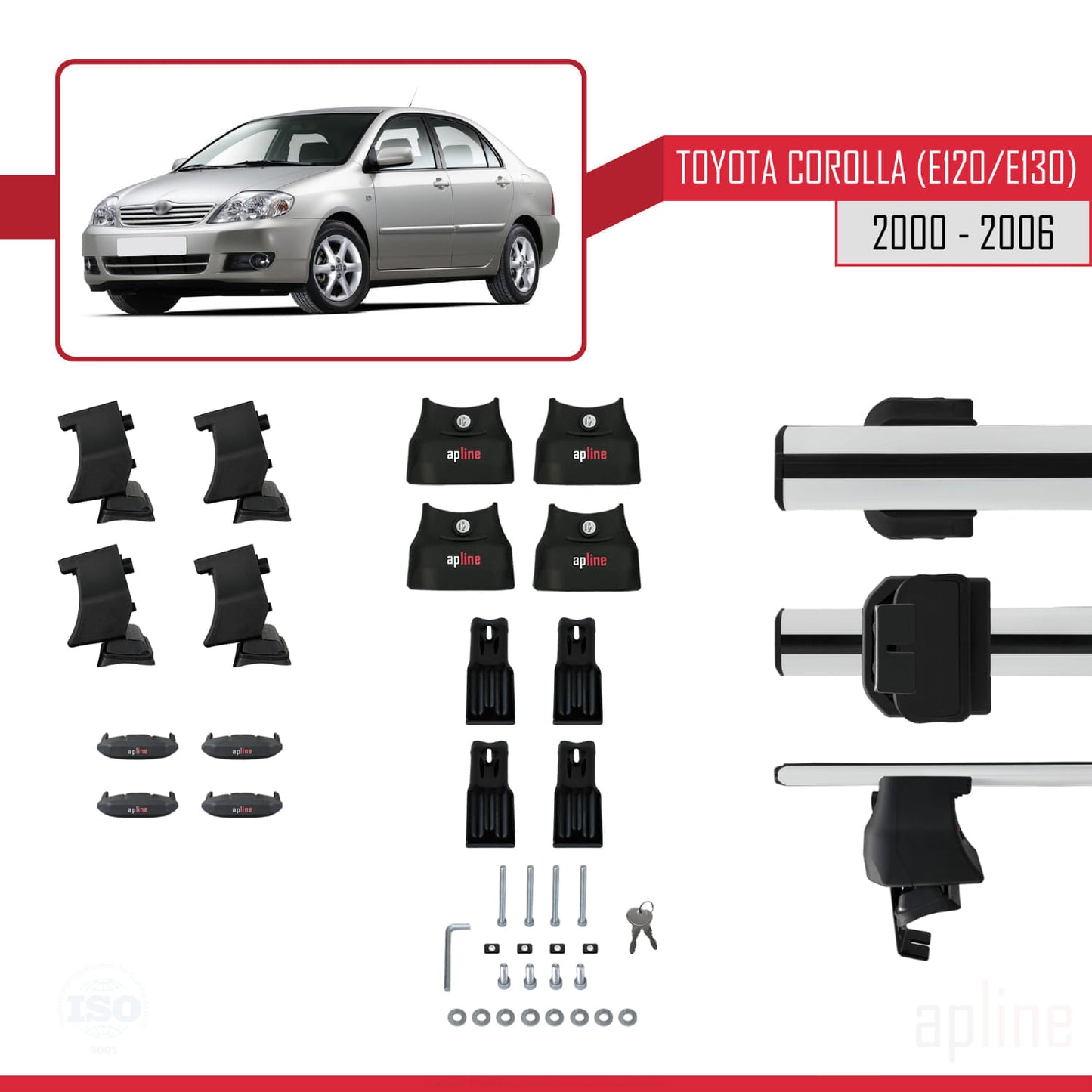 Compatible with Toyota Corolla 9 (E120) Sedan 2000-2006 ACE-4 Car Roof Rack Cross Bar Grey Aluminium 2 Bars