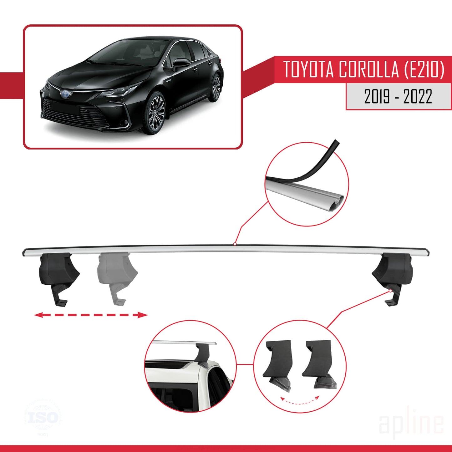 Compatible with Toyota Corolla 12 (E210) Sedan 2019-2022 ACE-4 Car Roof Rack Cross Bar Grey Aluminium 2 Bars
