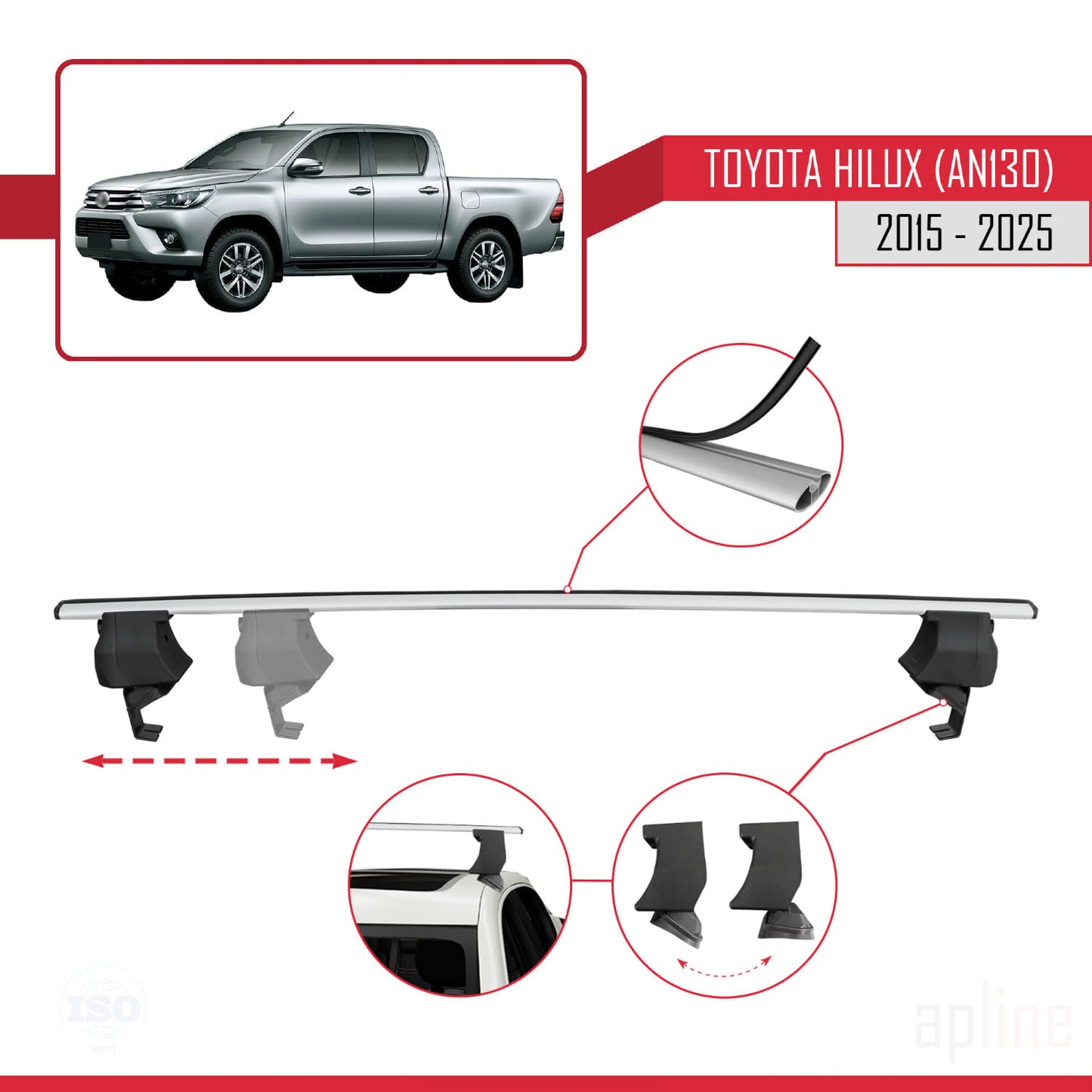 Compatible with Toyota Hilux 8 (AN130) 2015-2025 ACE-4 Car Roof Rack Cross Bar Grey Aluminium 2 Bars