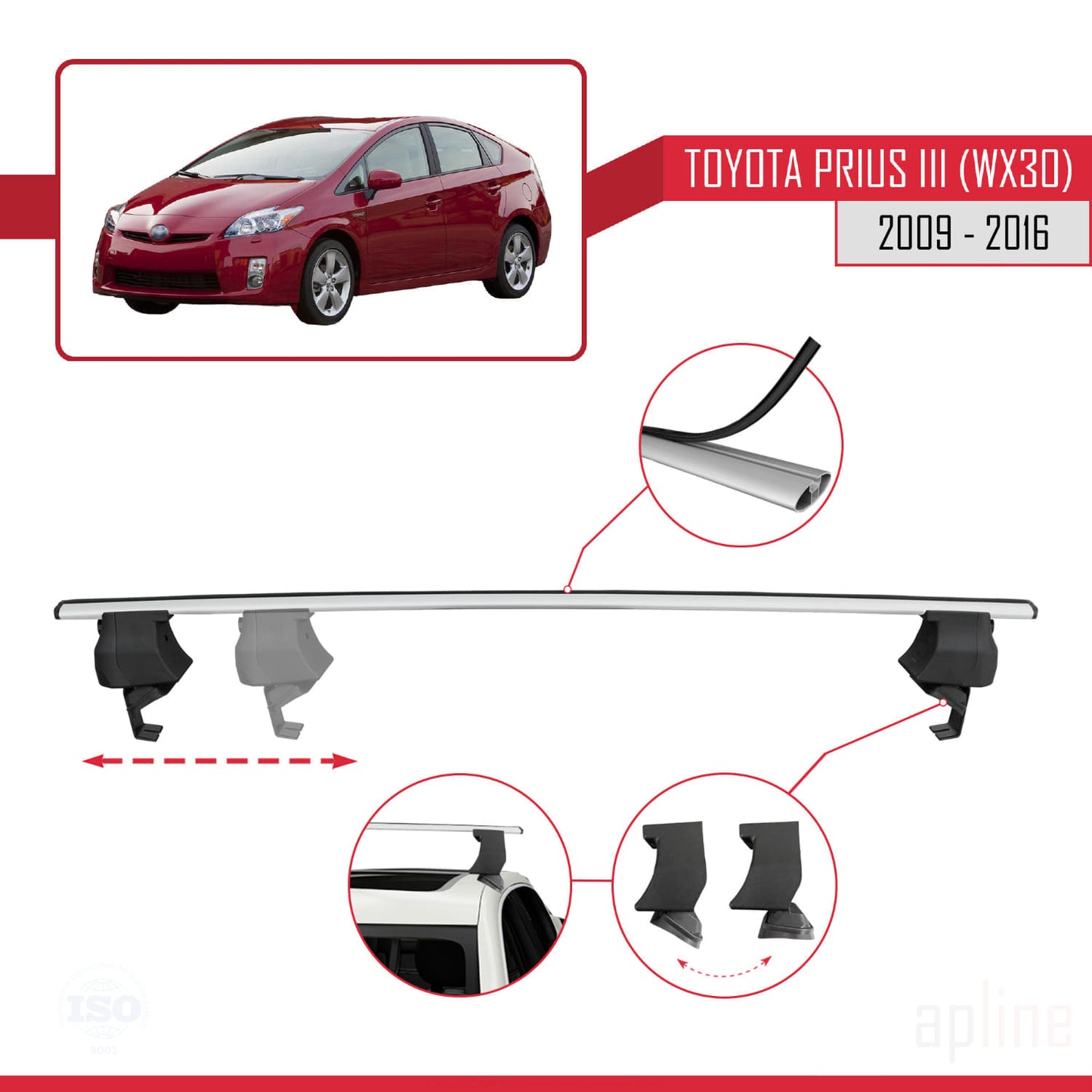 Compatible with Toyota Prius 3 (XW30) 2009-2016 ACE-4 Car Roof Rack Cross Bar Grey Aluminium 2 Bars