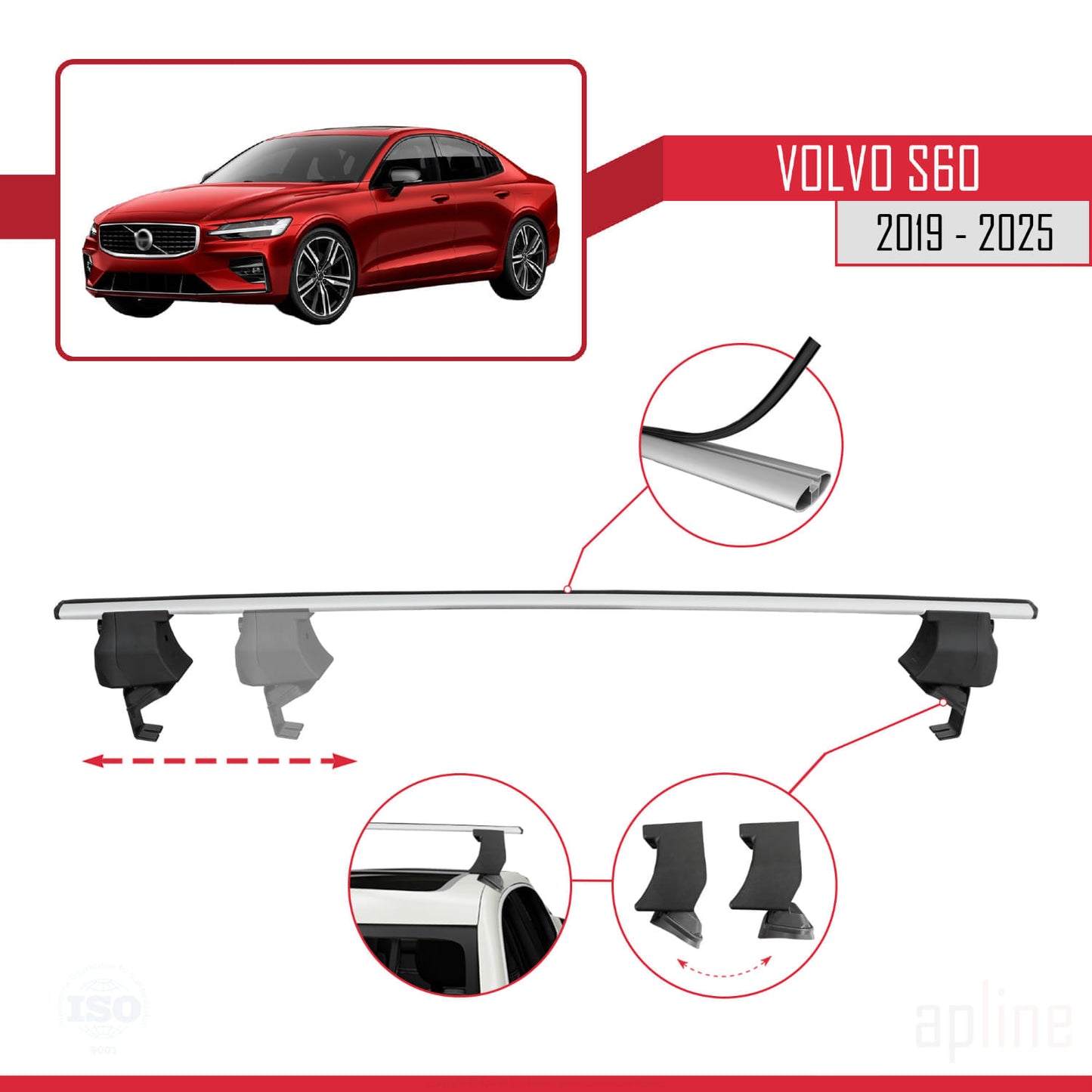 Compatible avec Volvo S60 III 2019-2025 ACE-4 Barres de Toit Railing Porte-Bagages de Voiture Gris Aluminium 2 Barres