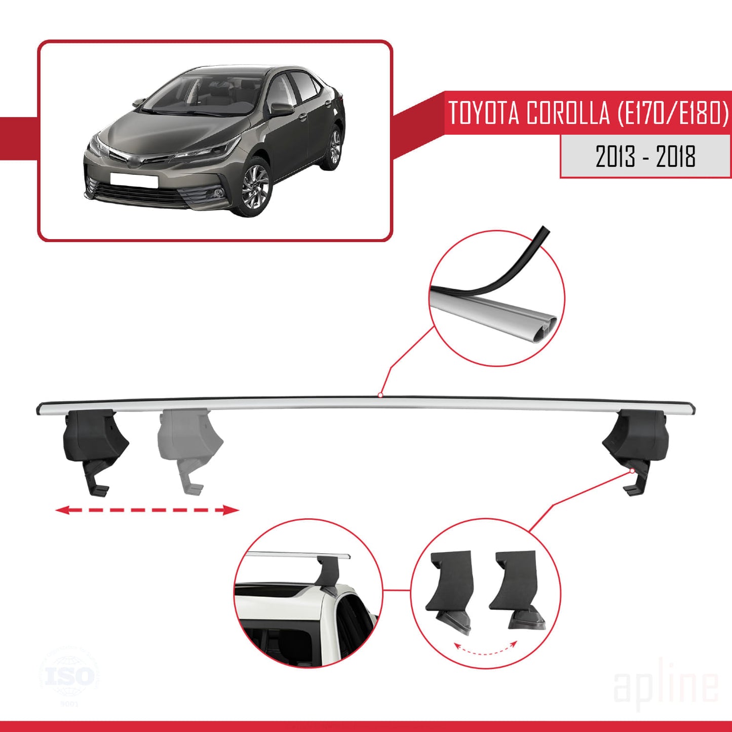 Compatible with Toyota Corolla 11 (E180) 2013-2018 ACE-4 Car Roof Rack Cross Bar Grey Aluminium 2 Bars