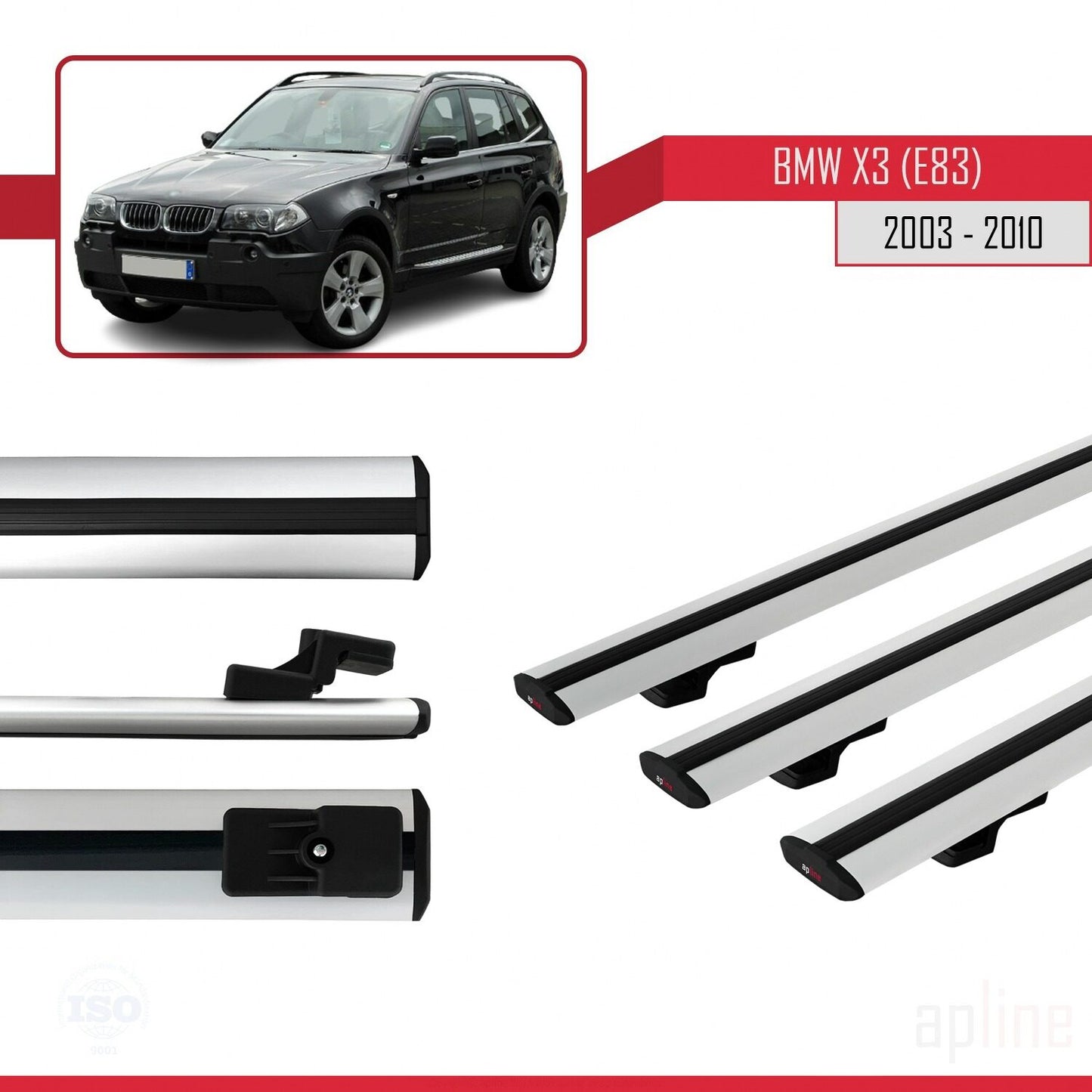 Compatible avec BMW X3 (E83) 2003-2010 BASIC Model Barres de Toit Railing Porte-Bagages de Voiture Gris Aluminium 3 Barres