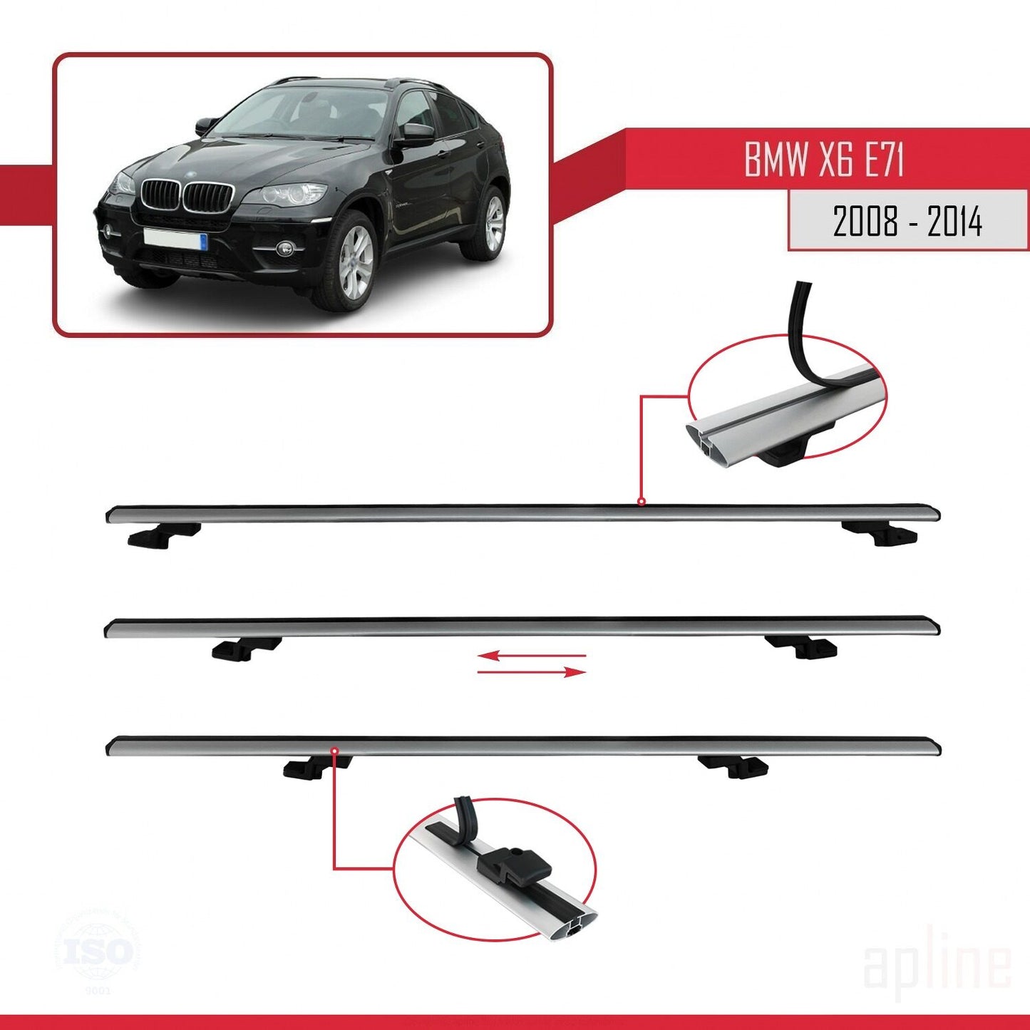Compatible avec BMW X6 (E71) 2008-2014 BASIC Model Barres de Toit Railing Porte-Bagages de Voiture Gris Aluminium 2 Barres
