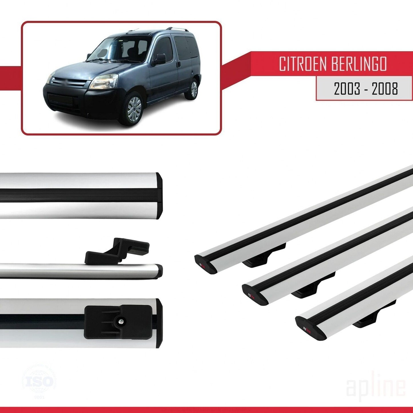 Compatible with Citroen Berlingo (M59) 2003-2008 BASIC Model Car Roof Rack Cross Bar Grey Aluminium 3 Bars