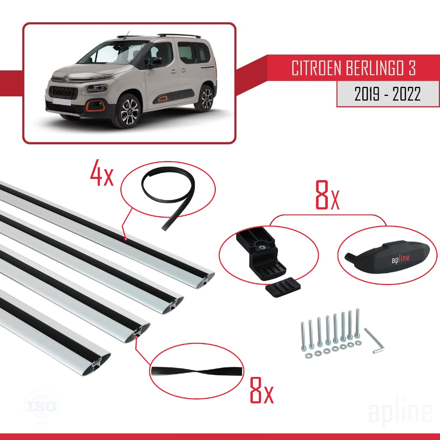 Compatible with Citroen Berlingo 3 (K9) 2019-2022 BASIC Model Car Roof Rack Cross Bar Grey Aluminium 4 Bars