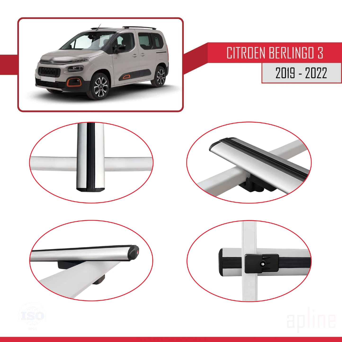 Compatible avec Citroen Berlingo 3 (K9) 2019-2022 BASIC Model Barres de Toit Railing Porte-Bagages de Voiture Gris Aluminium 2 Barres