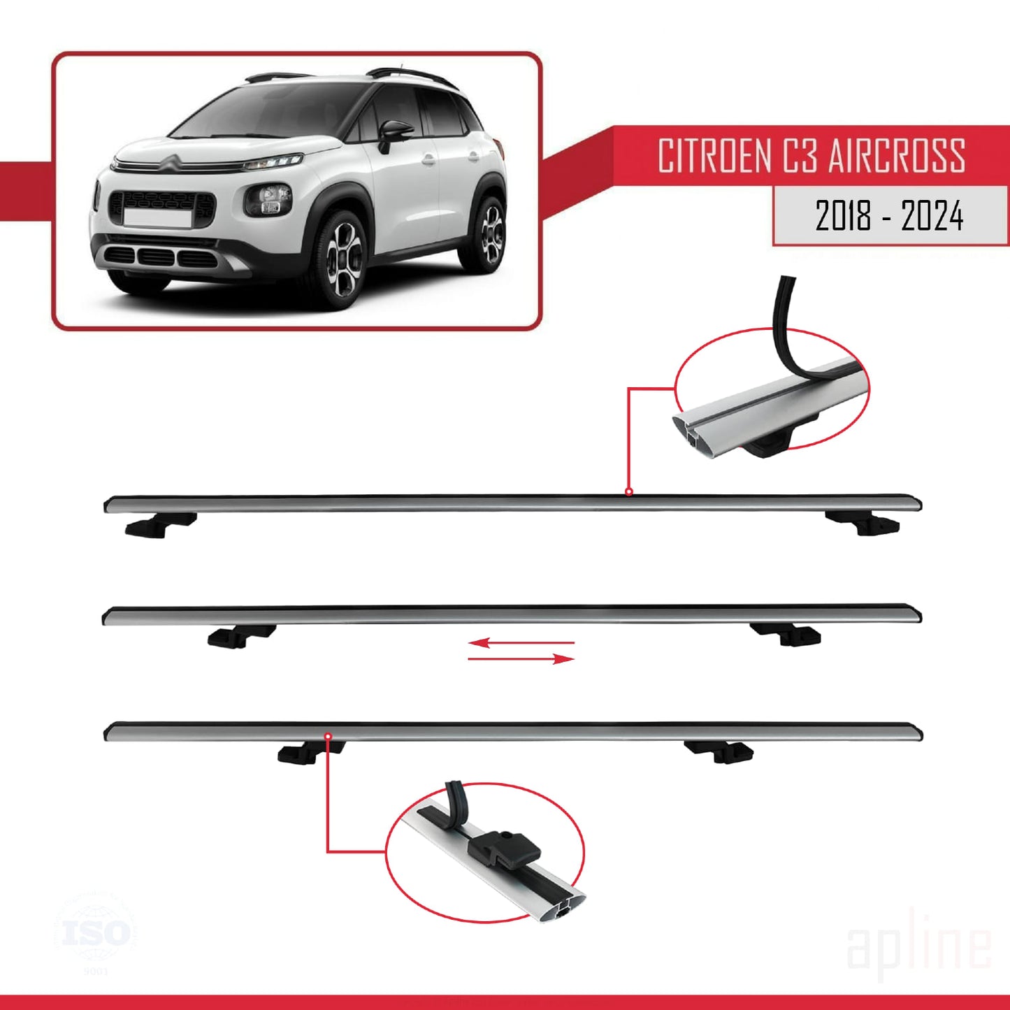 Compatible avec Citroen C3 Aircross (A88) 2018-2024 BASIC Model Barres de Toit Railing Porte-Bagages de Voiture Gris Aluminium 2 Barres