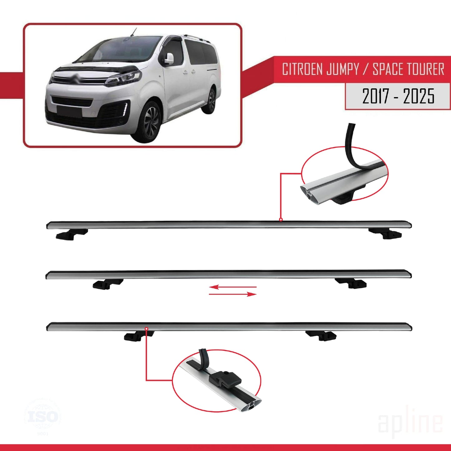 Compatible avec Citroen Jumpy 3 (K0) Space Tourer 2017-2025 BASIC Model Barres de Toit Railing Porte-Bagages de Voiture Gris Aluminium 3 Barres