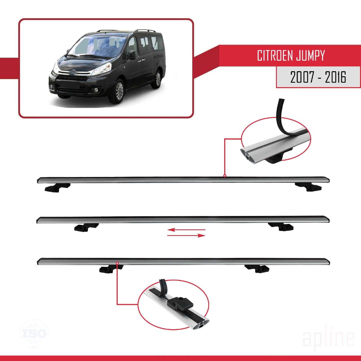 Compatible avec Citroen Jumpy 2 (G9) 2007-2016 BASIC Model Barres de Toit Railing Porte-Bagages de Voiture Gris Aluminium 2 Barres