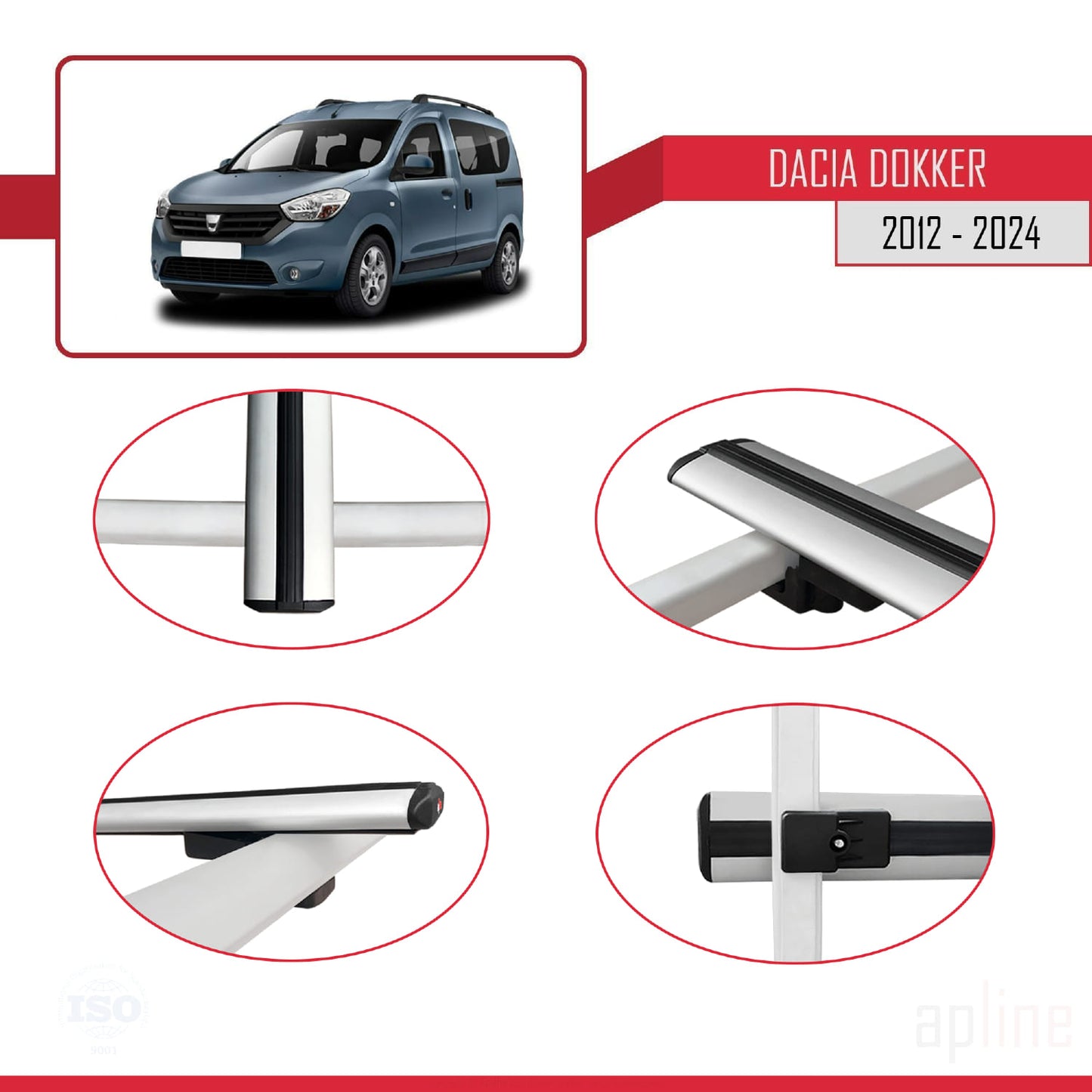 Compatible avec Dacia Dokker (K67) 2012-2024 BASIC Model Barres de Toit Railing Porte-Bagages de Voiture Gris Aluminium 3 Barres