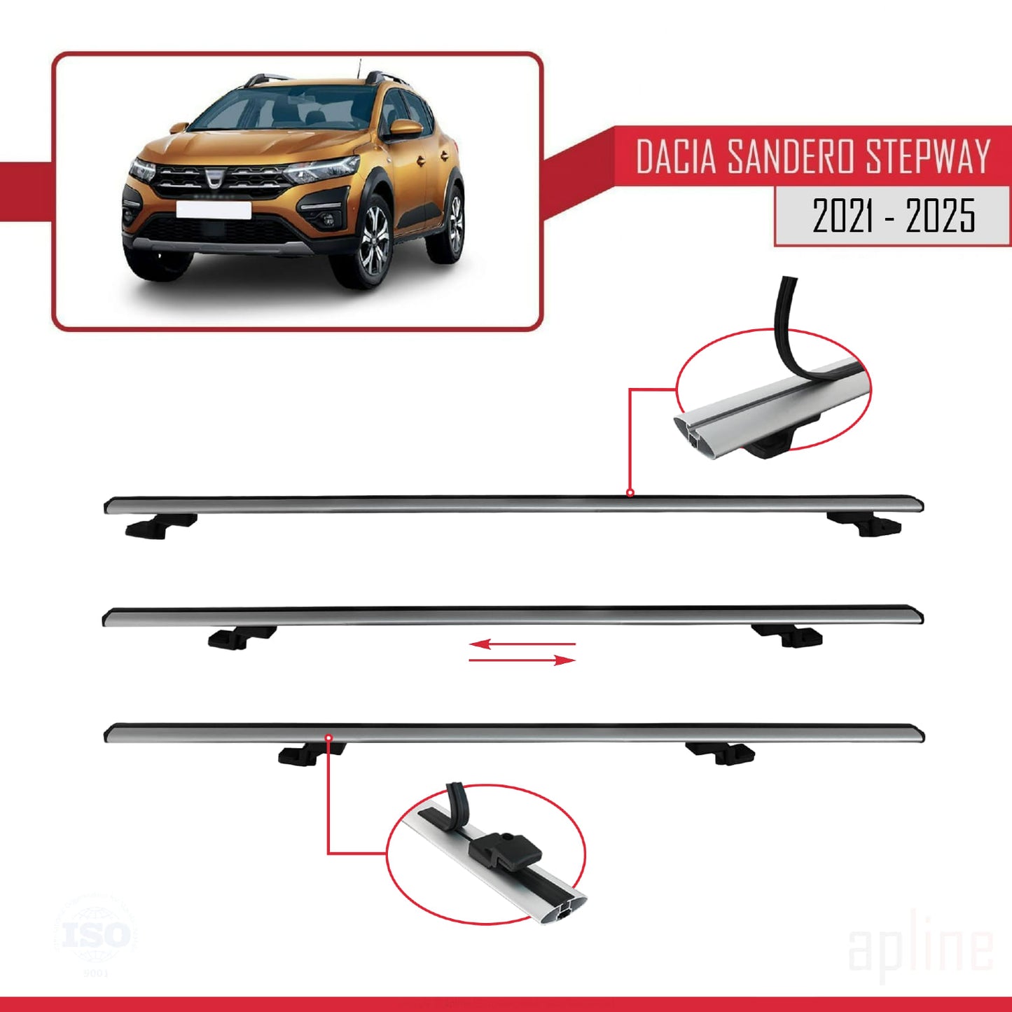 Compatible avec Dacia Sandero Stepway 3 2021-2025 BASIC Model Barres de Toit Railing Porte-Bagages de Voiture Gris Aluminium 2 Barres
