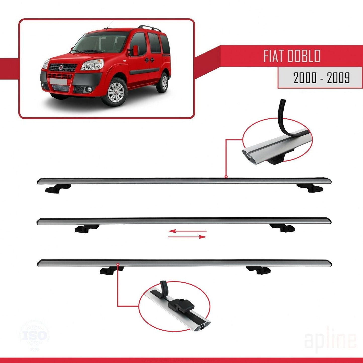 Compatible avec Fiat Doblo 2000-2009 BASIC Model Barres de Toit Railing Porte-Bagages de Voiture Gris Aluminium 2 Barres